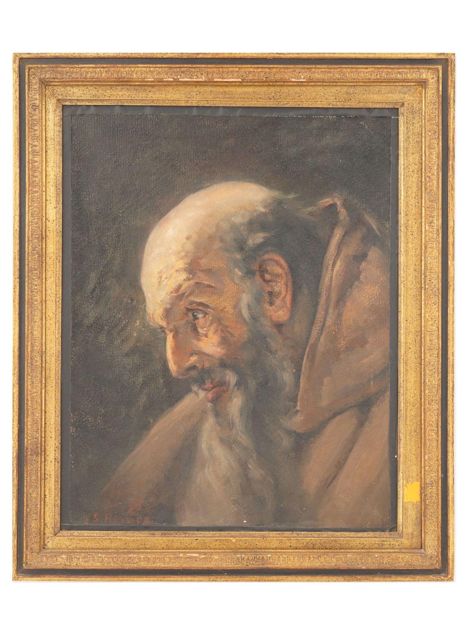 ANTIQUE OIL PAINTING AFTER GERBRAND VAN DEN EECKHOUT: An antique oil on board portrait painting after original artwork by Gerbrand van den Eeckhout, 1621 to 1674, Dutch artist. The painting depicts the head of an elderly saint in monastic robes. The arti