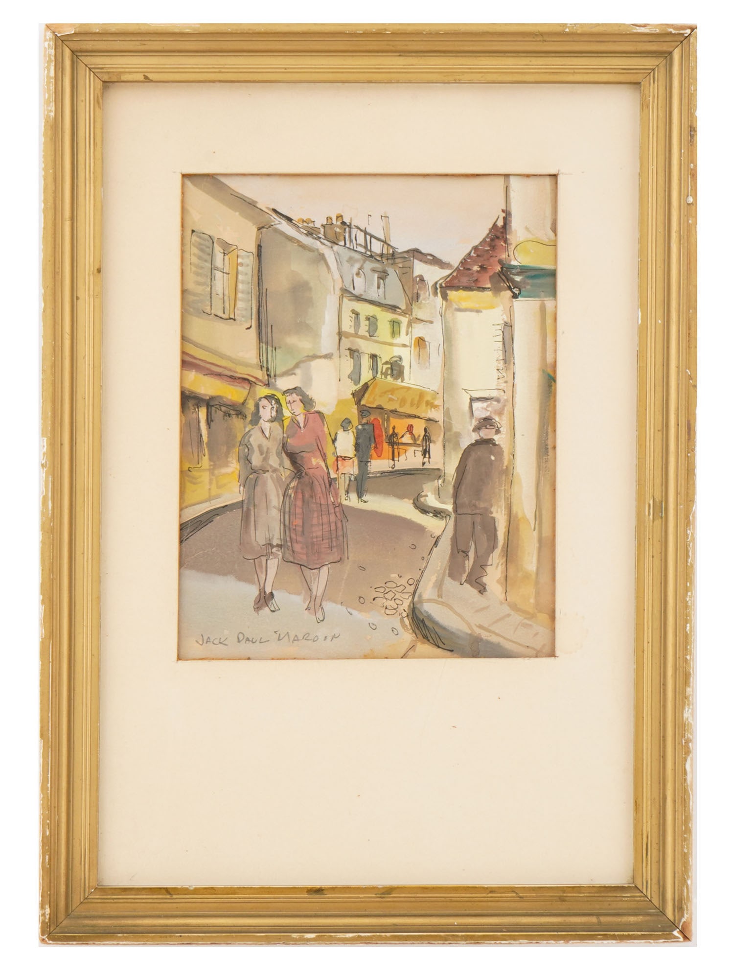 VINTAGE MIXED MEDIA ON PAPER CITYSCAPE PAINTING: A vintage mixed media on paper cityscape painting. Circa mid to late 20th century. The artwork depicts a bustling European street scene, likely in Paris, rendered in watercolor and ink. The compositio