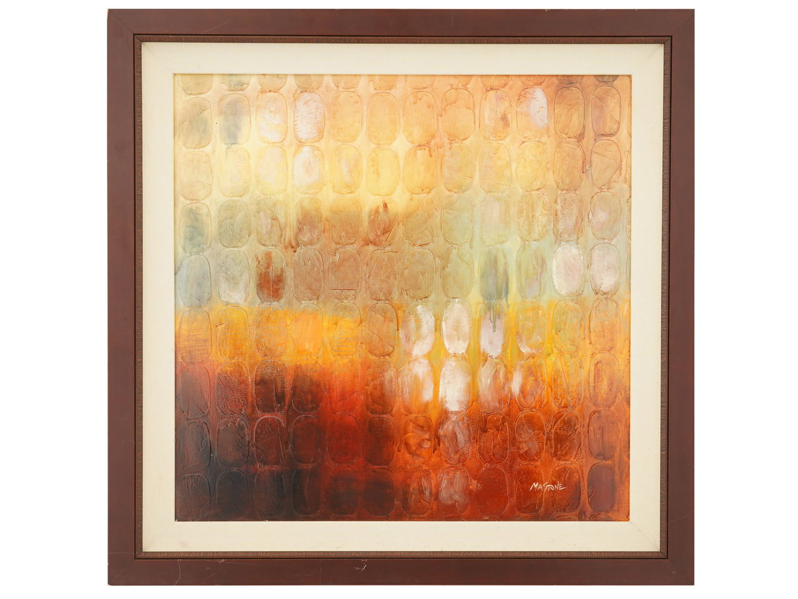 MODERN MIXED MEDIA PAINTING SIGNED MIA STONE: A modern mixed media painting on board signed Mia Stone, featuring an abstract composition of repeating rounded, pebble-like forms arranged in a structured grid. Signed lower right. Framed. Mid Centur