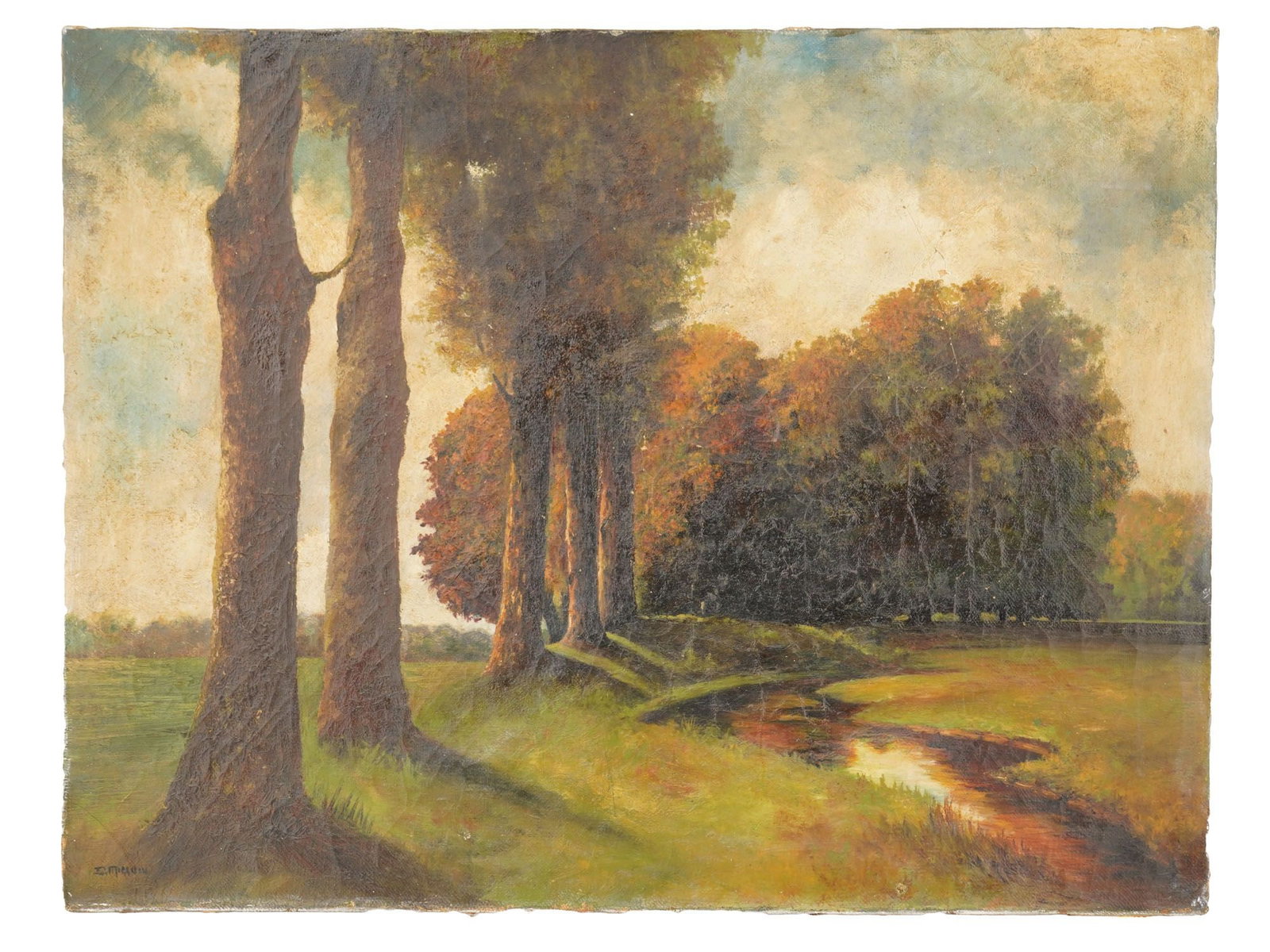 MID CENTURY OIL AUTUMN LANDSCAPE PAINTING SIGNED: An oil landscape painting on canvas depicting a serene stand of tall, majestic trees reflected in a stream, illuminated by the warm, glowing light of dusk or early autumn. Signed lower left. Mid Centu