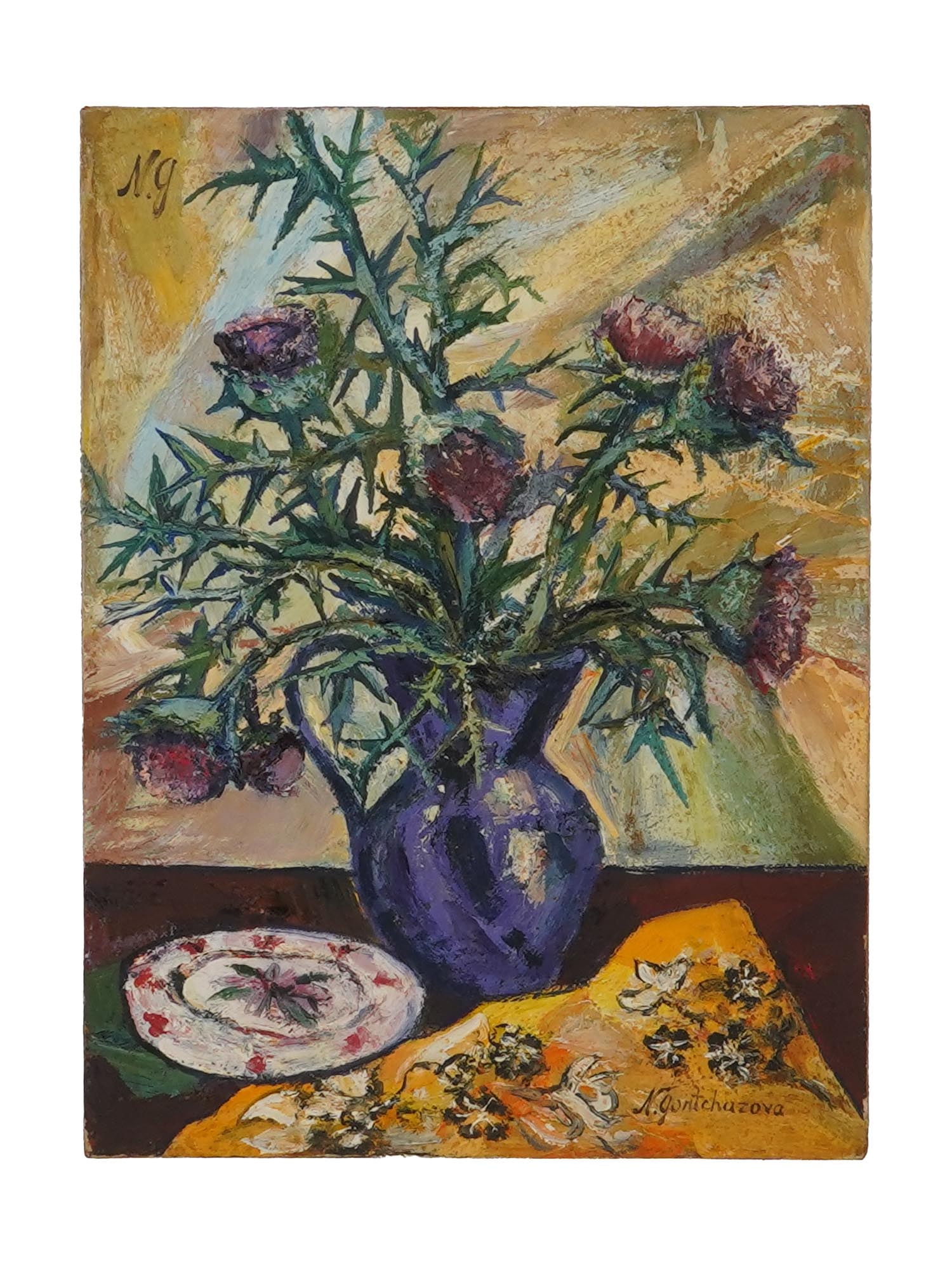 ATTR TO NATALIA GONCHAROVA OIL PAINTING OF STILL LIFE: Attributed to Russian artist Natalia Goncharova, 1881 to 1962, an oil painting on canvas stretched on a board depicting a still life. Signed lower right and in the upper left corner. Natalia Sergeevna
