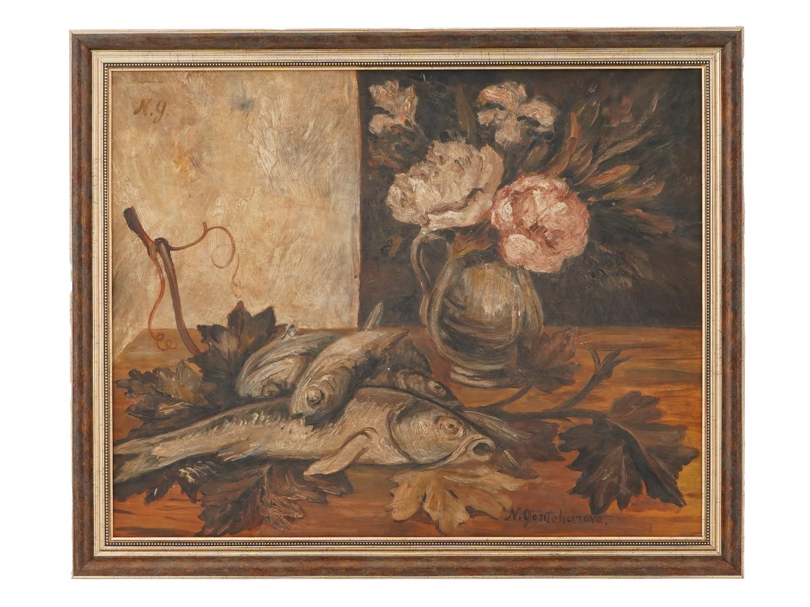 NATALIA GONCHAROVA RUSSIAN OIL PAINTING OF STILL LIFE: Natalia Goncharova, Russian 1881 to 1962, an oil painting on canvas stretched on a board depicting a still life with a vase of flowers and a fish on a table. Signed lower right and in the left corner.