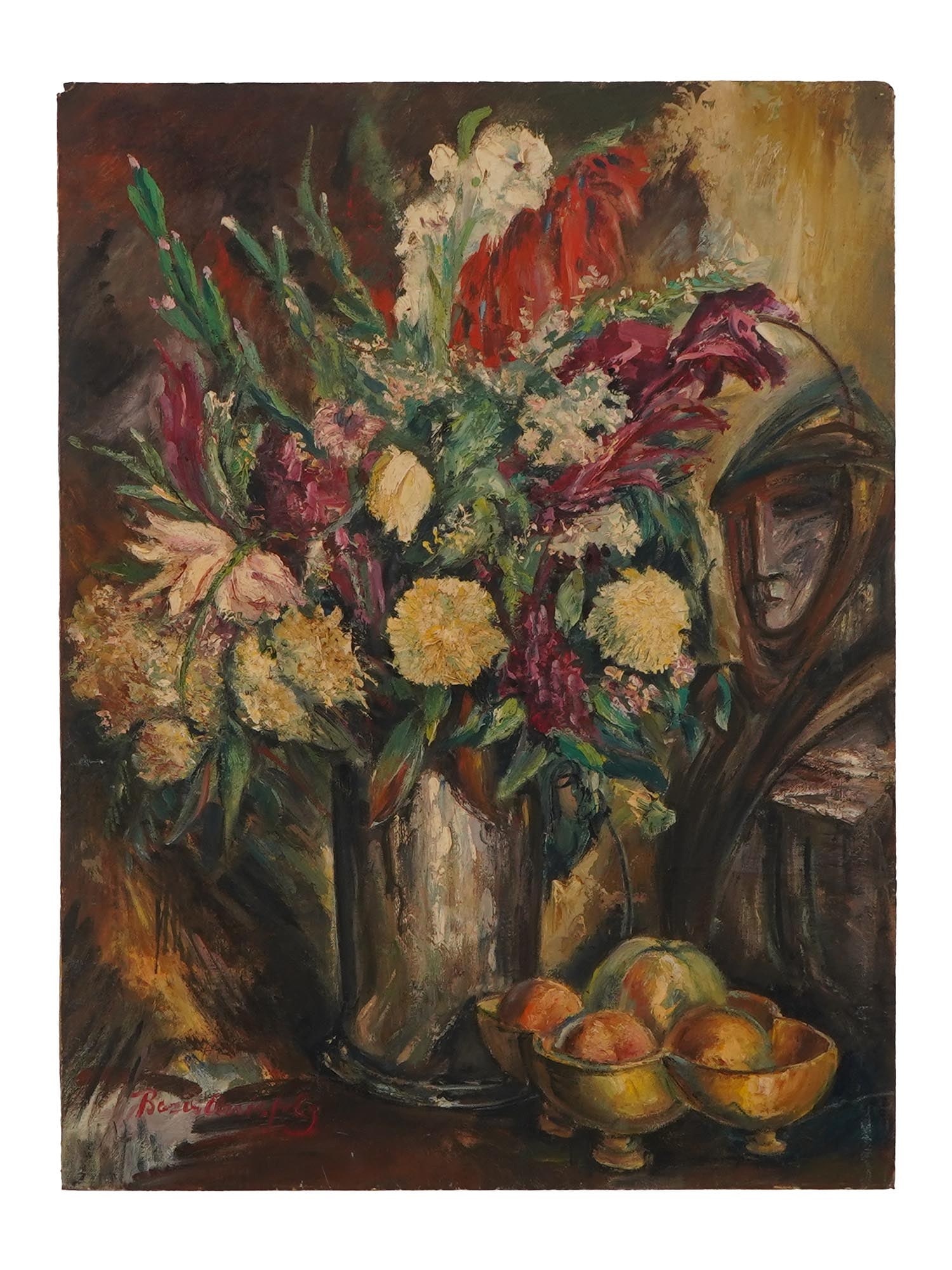 RUSSIAN STILL LIFE PAINTING SIGNED BORIS ANISFELD: An oil painting on canvas laid on board depicting a still life composition with flowers and a figure. Signed lower left, Boris Anisfeld. Boris Izrailevich Anisfeld, Russian, American, 1878 to 1973, wa