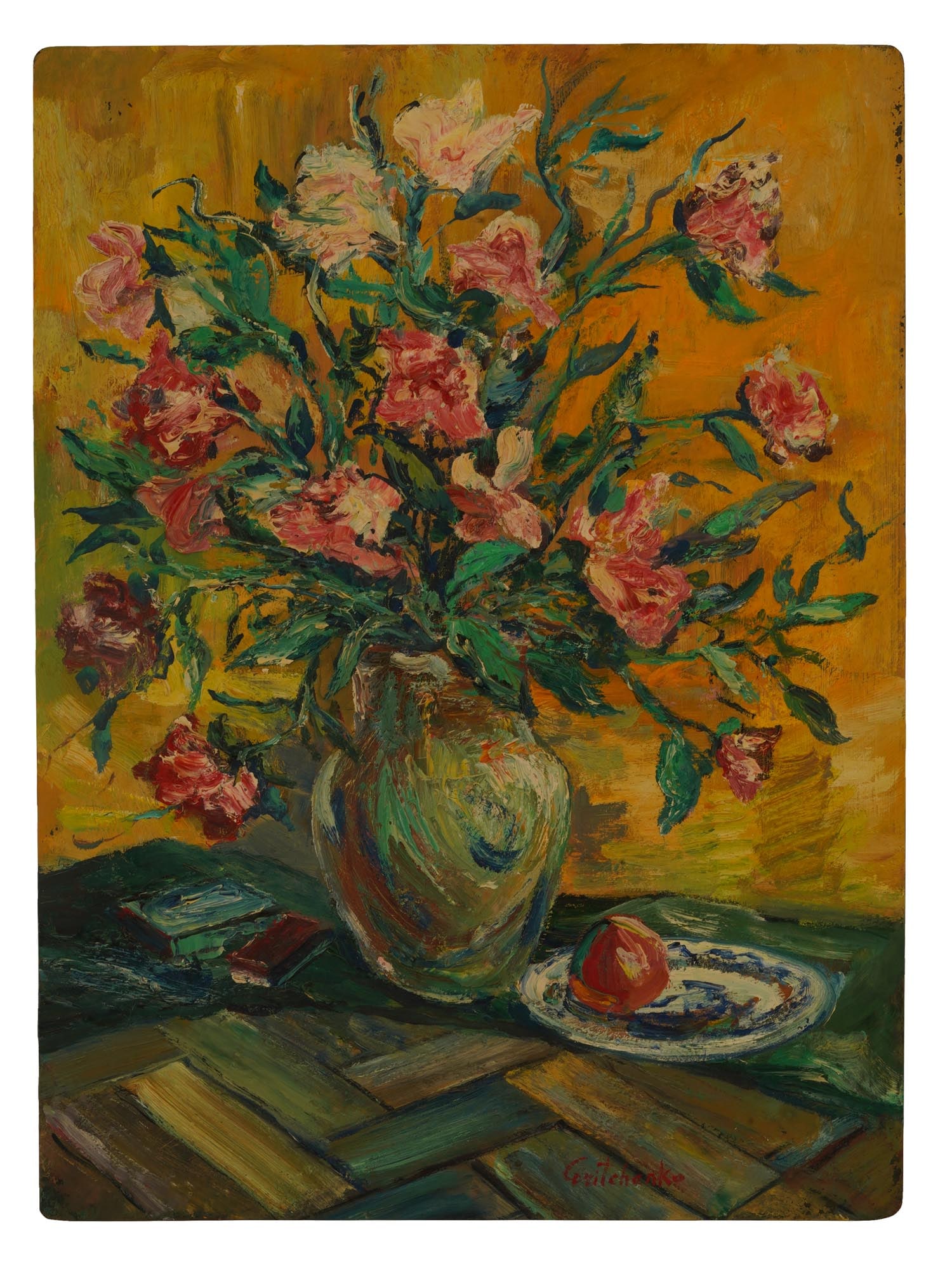 ALEXIS GRITCHENKO UKRANIAN STILL LIFE OIL PAINTING: Oil on canvas board painting by Alexis Gritchenko, 1883 to 1977, a Ukrainian Emigre Impressionist artist and art historian based in Paris, France. The artwork represents a still life with a flower vas