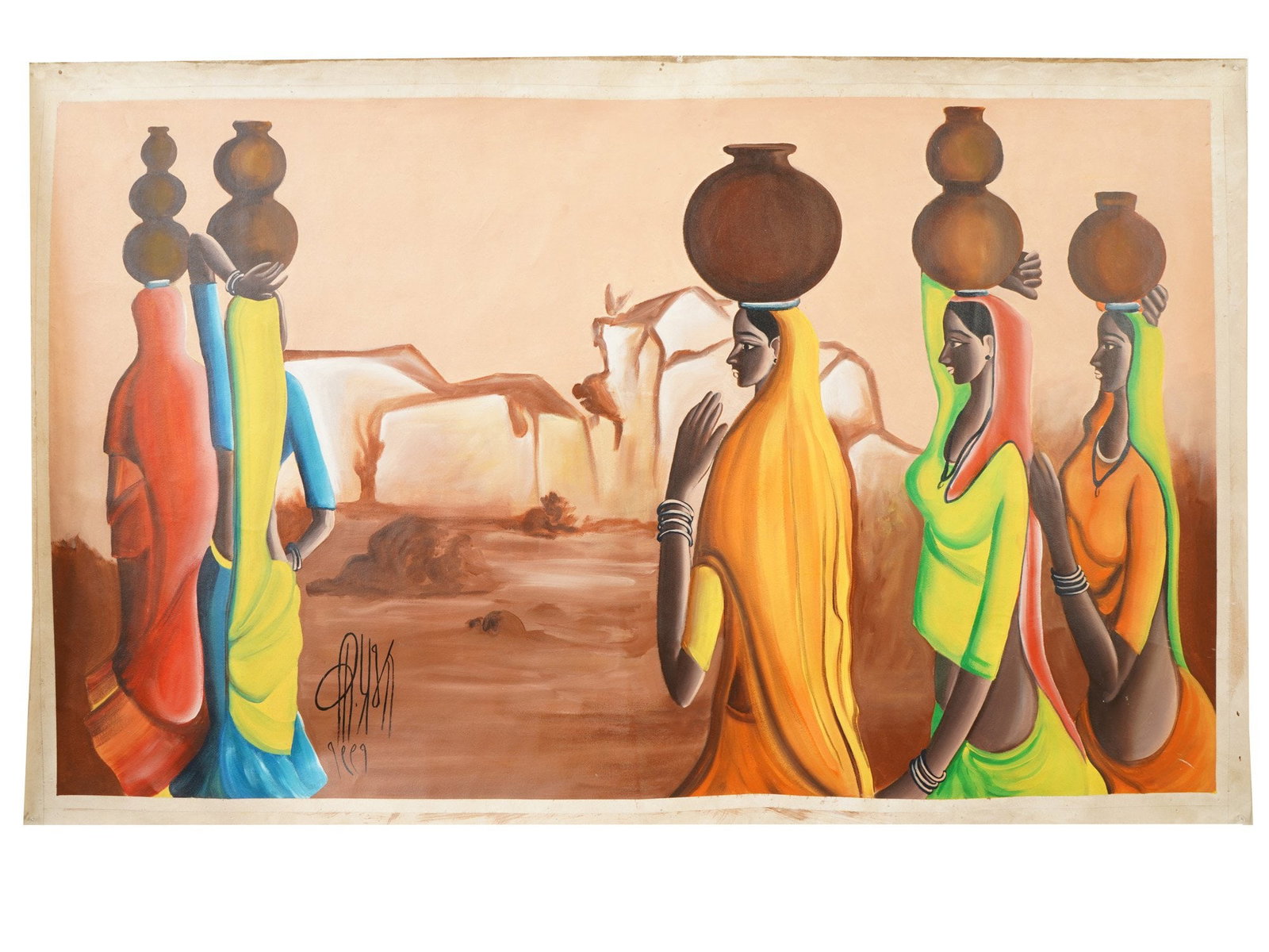 INDIAN WOMAN OIL PAINTING SIGNED B PRABHA WITH COA: An oil painting on canvas depicting a group of Indian women with jugs on their heads, 1991. Signed, B. Prabha, lower left. Completed with a certificate of authenticity, signed. B. Prabha is known for