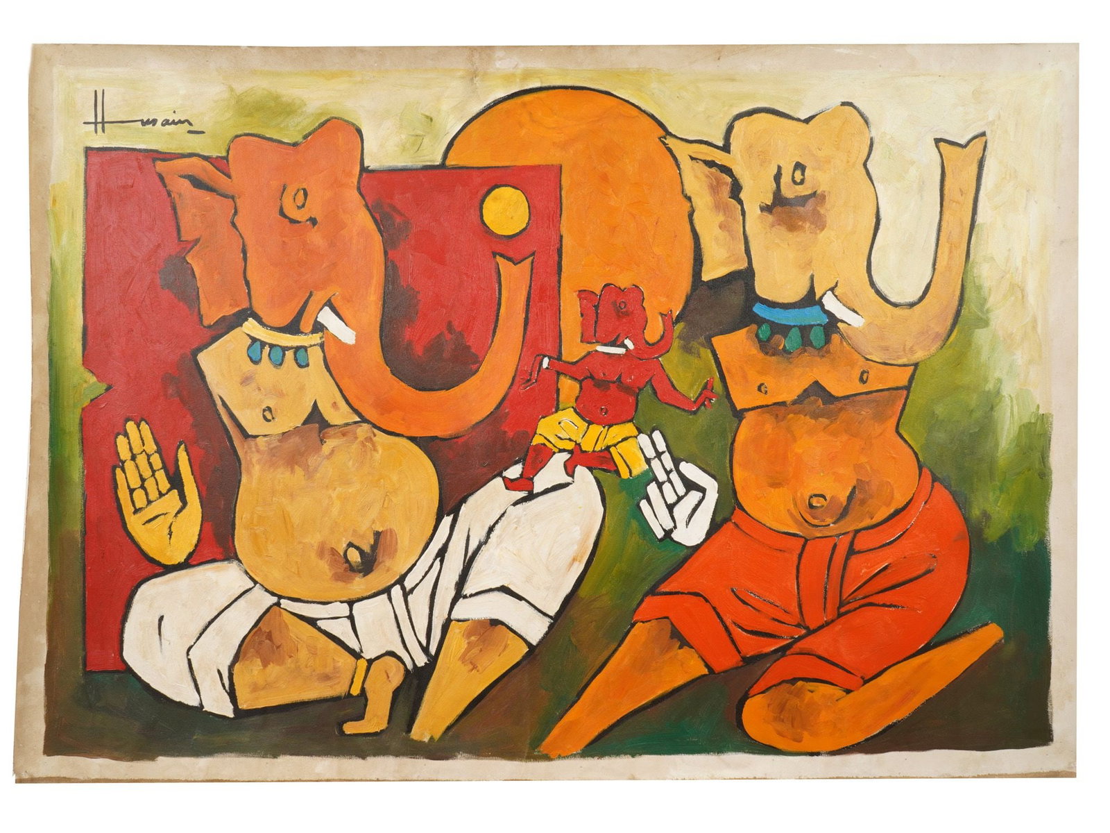 ACRYLIC PAINTING SIGNED MAQBOOL FIDA HUSAIN W COA: An acrylic on canvas painting signed upper left, Husain. Maqbool Fida Husain, 1915 to 2011, an Indian Modernist artist known for his explorations of Indian culture and the history of the British Raj.