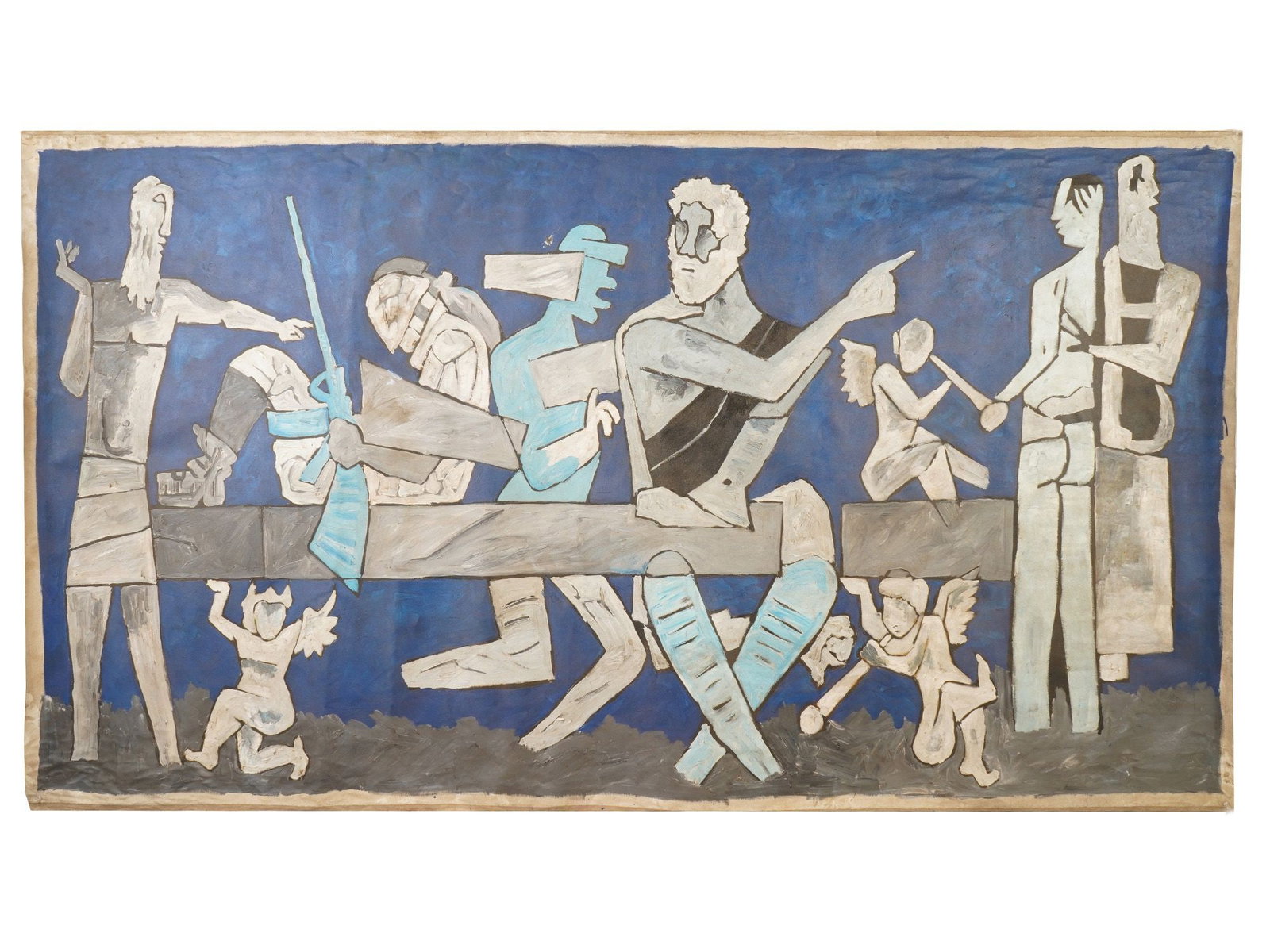 ACRYLIC PAINTING SIGNED MAQBOOL FIDA HUSAIN W COA: A large acrylic on canvas painting signed upper left, Husain. Maqbool Fida Husain, 1915 to 2011, an Indian Modernist artist known for his explorations of Indian culture and the history of the British