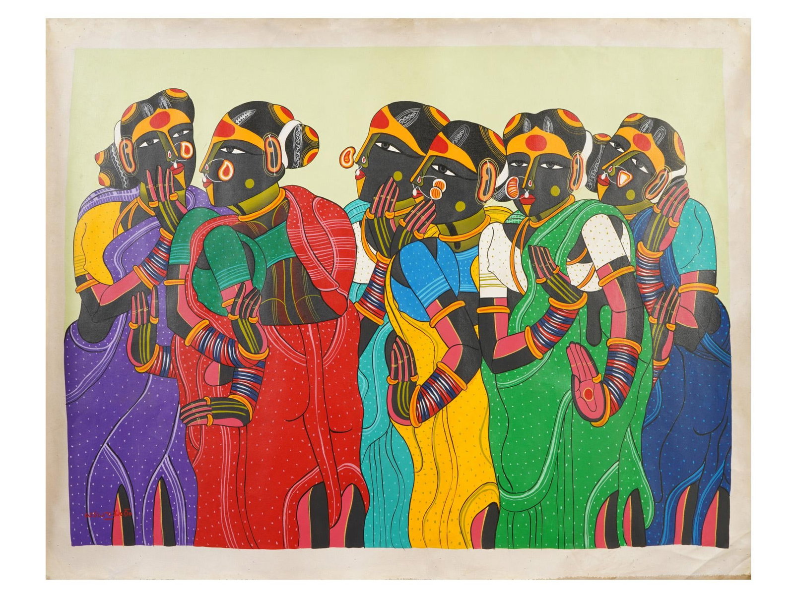 SIGNED THOTA VAIKUNTAM INDIAN ACRYLIC PAINTING W COA: An Indian School, acrylic on canvas painting, signed Thota Vaikuntam, born 1942 one of Indias most distinctive contemporary artists. The painting depicts a group of women in brightly colored outfits.
