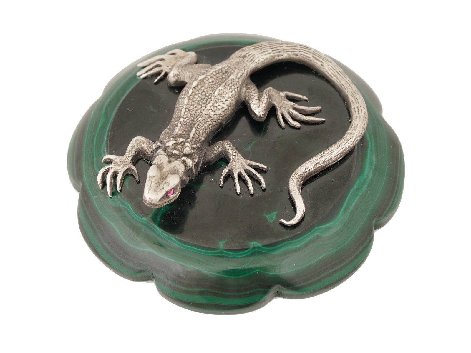 RUSSIAN SILVER LIZARD FIGURINE W RUBIES MALACHITE BASE (1 of 7)