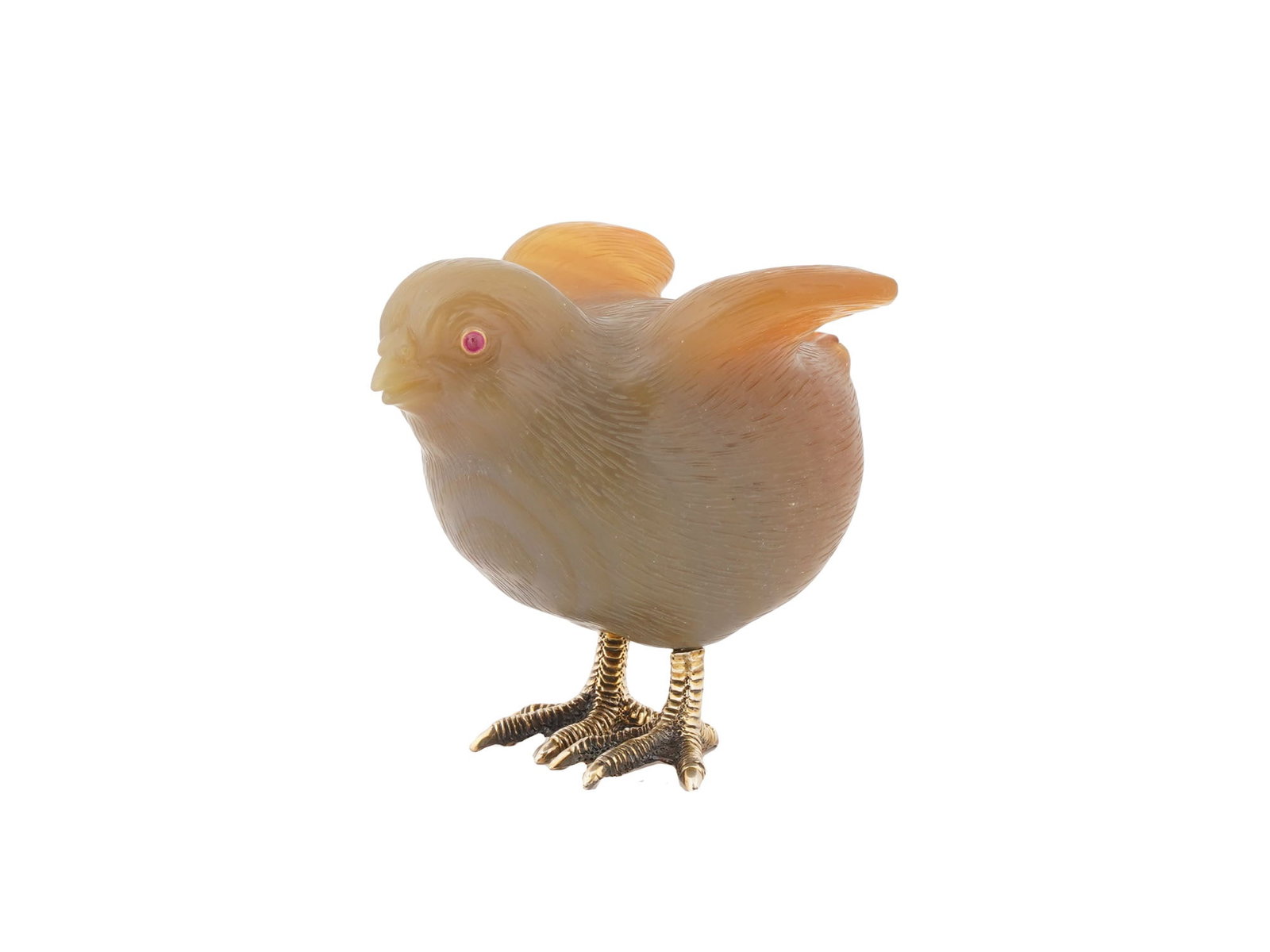 RUSSIAN AGATE SILVER CHICK FIGURINE W GOLD RUBY EYES: A Russian hand carved honey agate figurine of a chick with gilt silver legs. The eyes are set with ruby cabochons in gold settings. Russian Hand Carved Natural Stones Figurines, Figures, Statues, Jewe