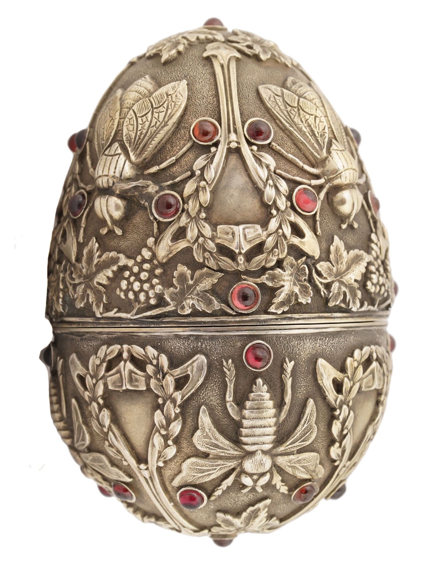 LARGE RUSSIAN SILVER FLY EASTER EGG WITH GEMSTONES - 2