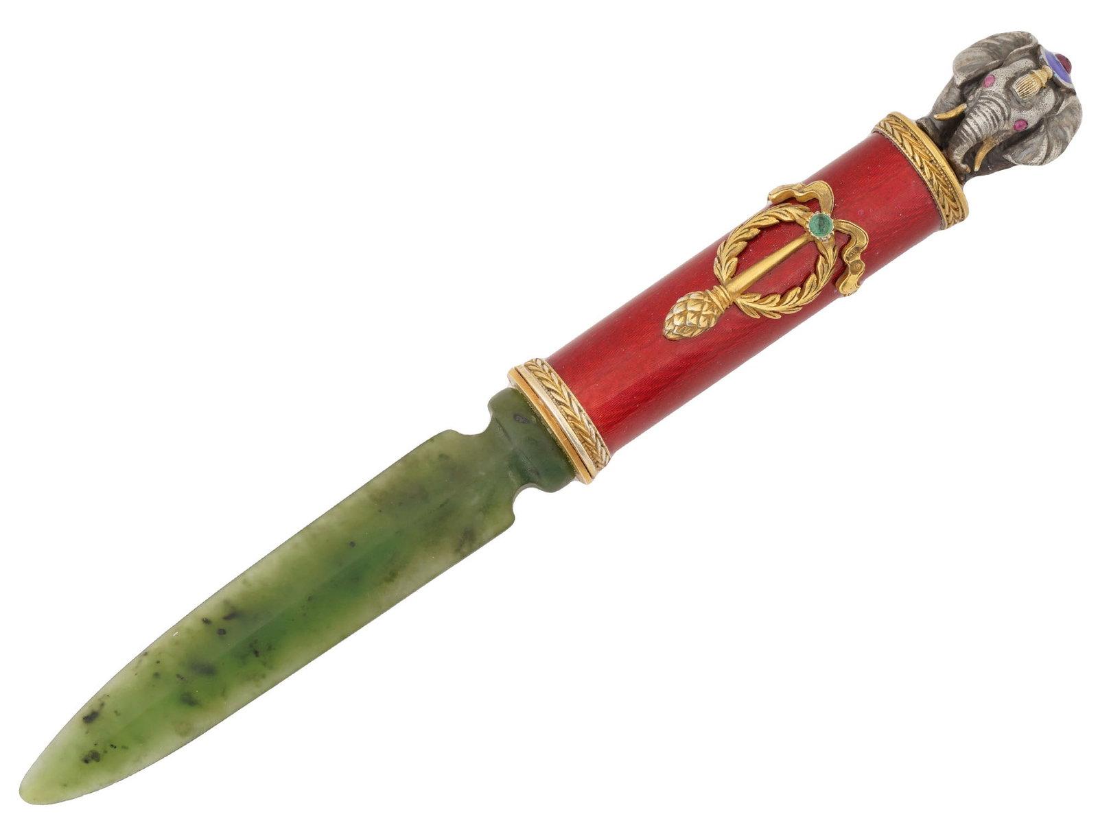 RUSSIAN SILVER ENAMEL JADE LETTER OPENER W RUBIES AND EMERALD (1 of 6)