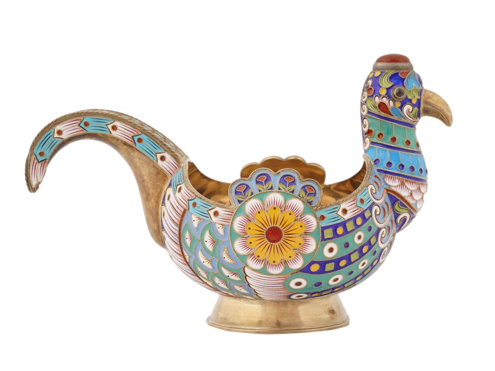 RUSSIAN 88 GILT SILVER CLOISONNE ENAMEL BIRD KOVSH: A Russian 88 gilt Silver and enamel figural kovsh. The traditional shaped kovsh with a raised handle. A gold wash interior. The exterior of the kovsh is made in a bird design, and enameled with polych