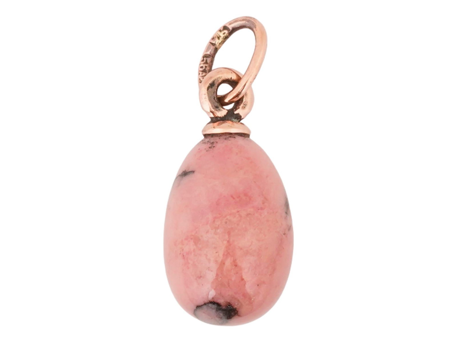 RUSSIAN 14K GOLD CARVED RHODONITE EASTER EGG PENDANT: A Russian pink Gold mounted hand carved pink and black natural Rhodonite stone Easter egg pendant. Marked on the fitting ring with a 56 Russian Imperial gold standard for 14K gold and a makers mark. R
