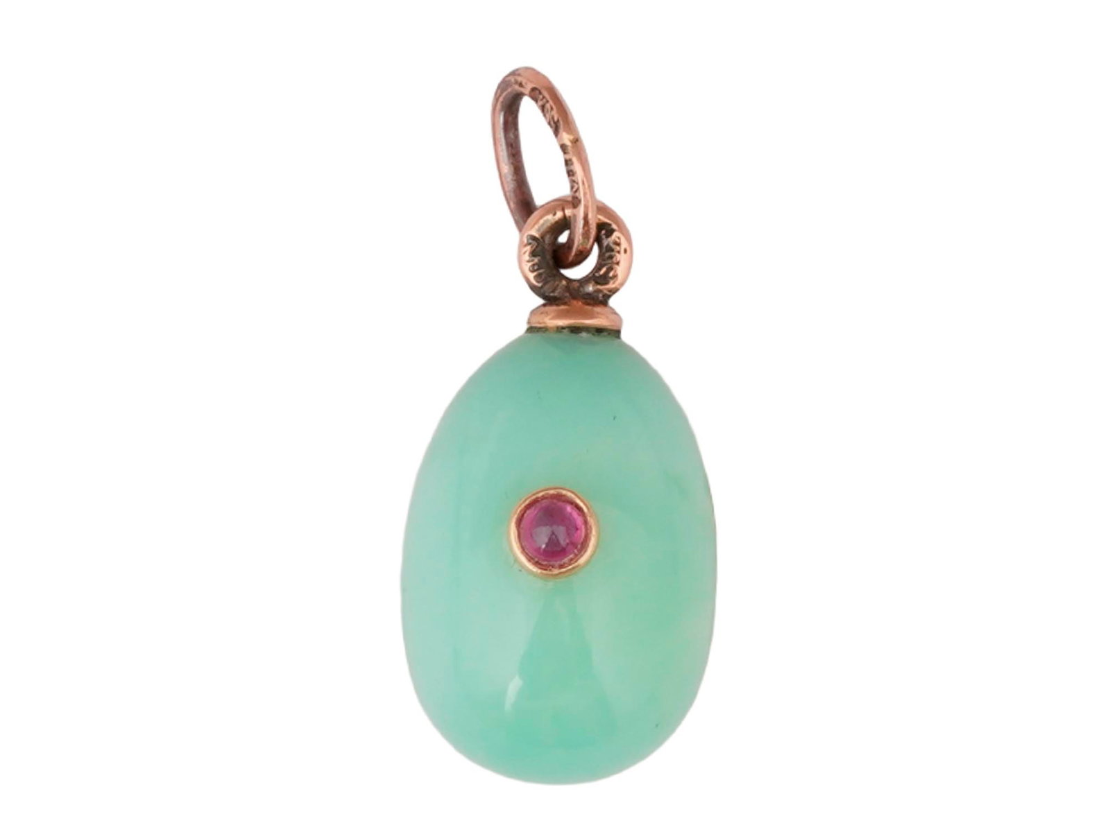 RUSSIAN 14K GOLD CHRYSOPRASE EASTER EGG PENDANT W RUBY: A Russian 14K Gold and carved Chrysoprase stone Easter Egg pendant. The pendant is encrusted with a Ruby gemstone in a Gold setting. Marked with 56 gold standard and a makers mark, on fitting and susp
