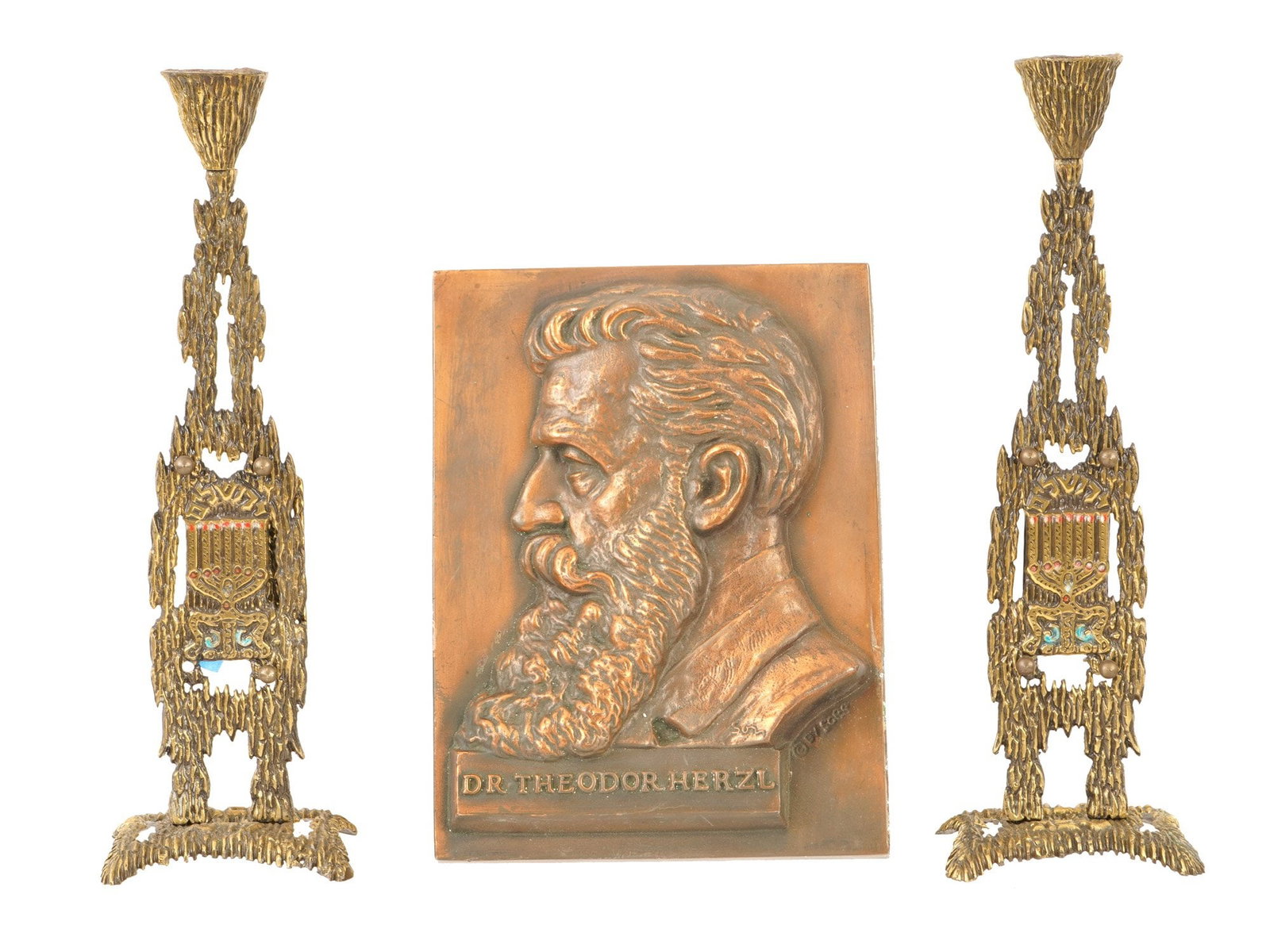 JUDAICA THEODOR HERZL BRONZE PLAQUE CANDLE HOLDERS (1 of 8)