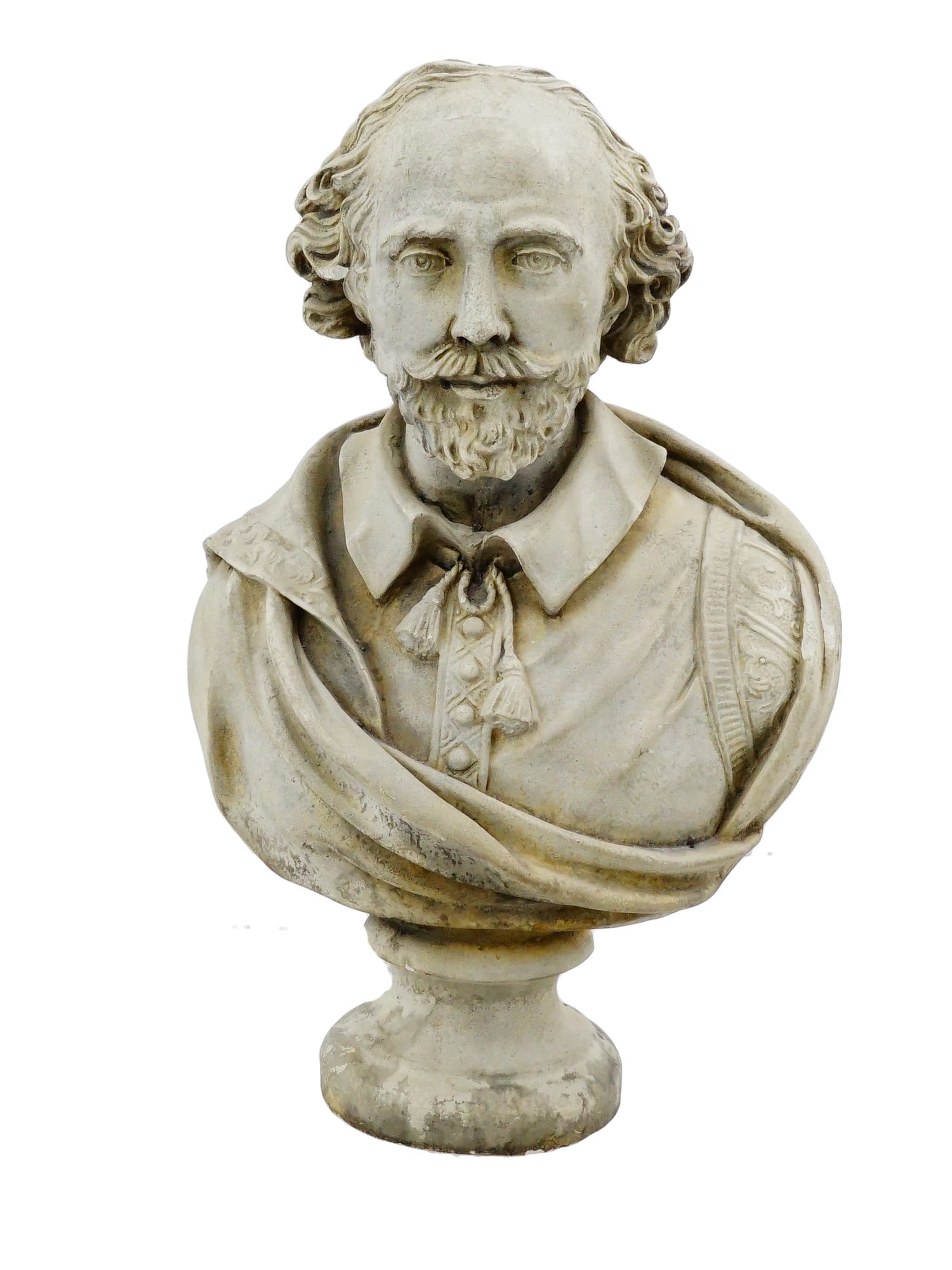 BUST OF WILLIAM SHAKESPEARE AFTER JOHN CHEERE: A bust of William Shakespeare after John Cheere, British, 1709 to 1787, rendered in a classical style with a high forehead, pointed beard, and draped cloak over a collared tunic. The figure is mounted