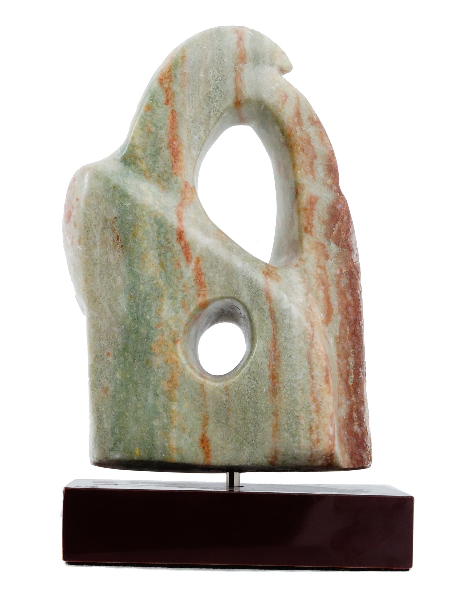 MODERNIST ABSTRACT CARVED STONE SCULPTURE W STAND: A Modernist carved stone sculpture. The sculpture features flowing lines and openings, creating a play of light and shadow. The work is mounted on a rectangular base. Unsigned. Modernist and Contempor