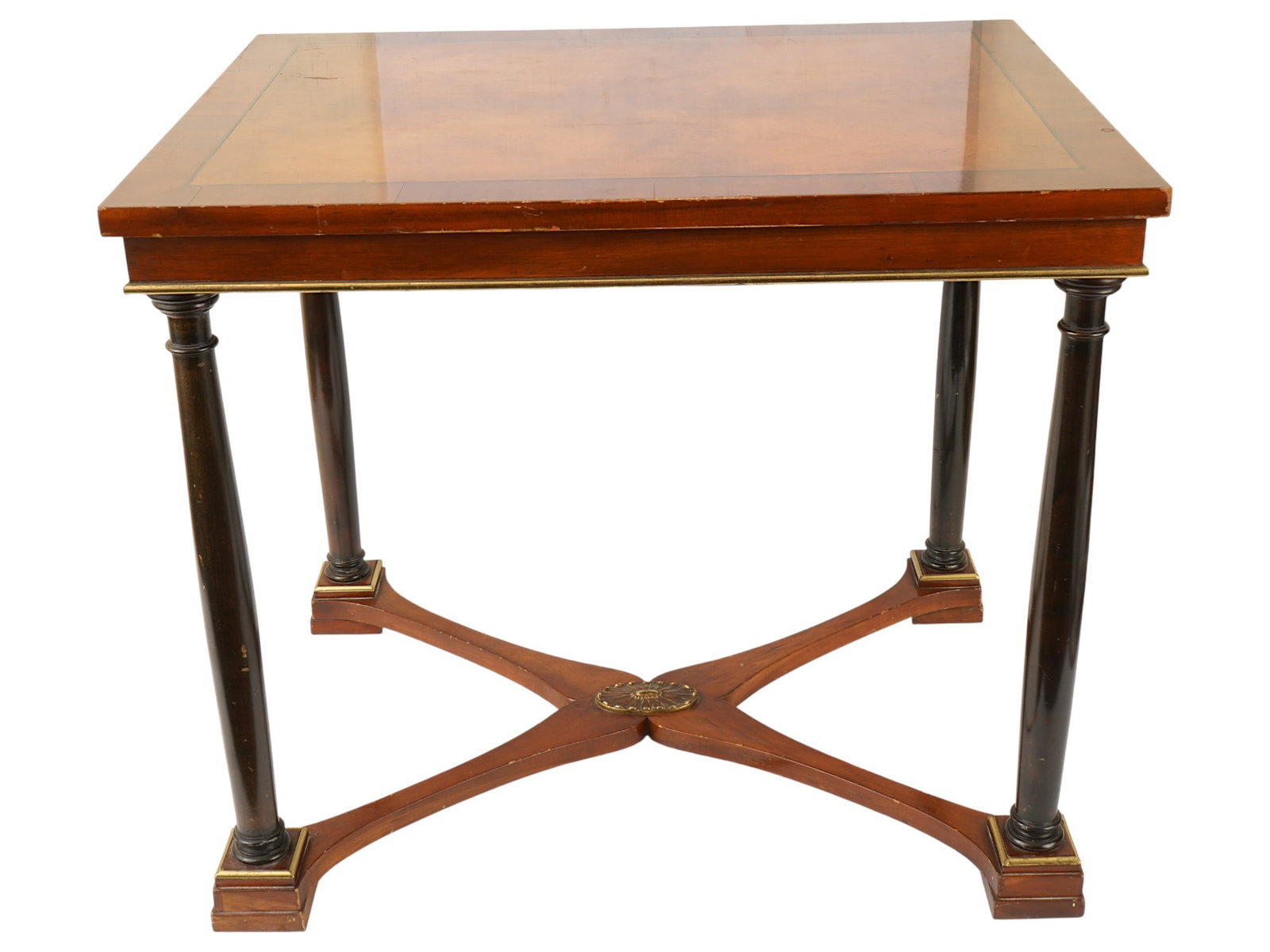 ITALIAN VICTORIAN MANNER WOOD HANDKERCHIEF TABLE: An Italian wood handkerchief table. The table is designed in a classic style reminiscent of Victorian or Louis XVI pieces. The table column shaped legs are connected by an X shaped brace leg with a de