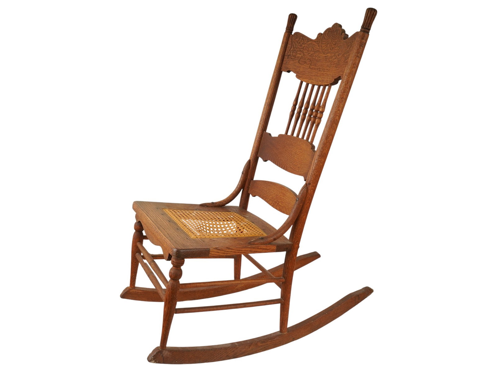 ANTIQUE AMERICAN OAK AND RATTAN ROCKING CHAIR (1 of 8)