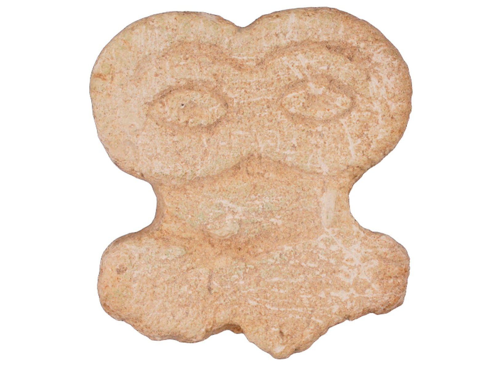 ANCIENT NEAR EASTERN STONE EYE IDOL FRAGMENT: An ancient Near Eastern stone eye idol fragment, dating to the 2nd millennium BC. These stylized figures, characterized by their prominent, oversized eyes, are believed to have held votive or ritual s