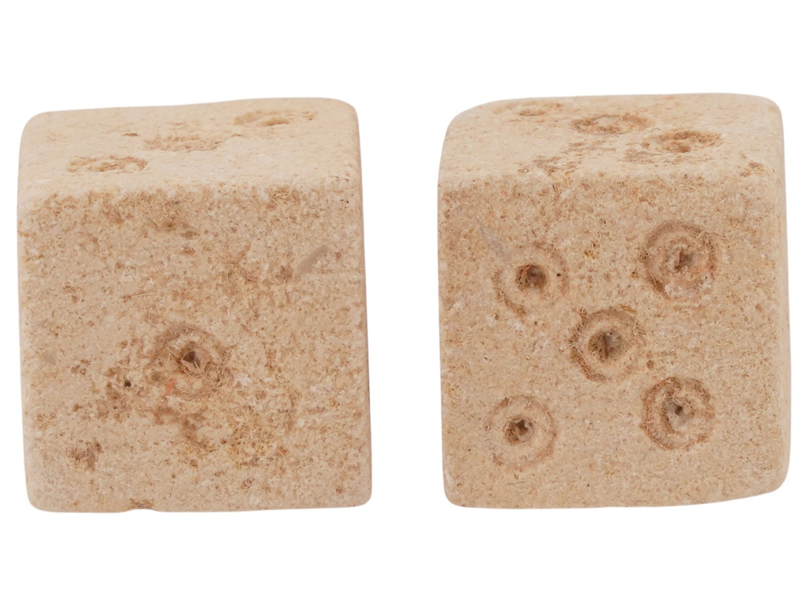 PAIR OF LARGE ANCIENT ROMAN STONE DICE 100 TO 300 AD: A pair of large ancient Roman carved stone gaming dice. Imperial Rome era, circa 100 to 300 AD. Square shape. Archaeological Finds And Relics, Stone Carvings, and Collectibles. THIS LOT IS ELIG