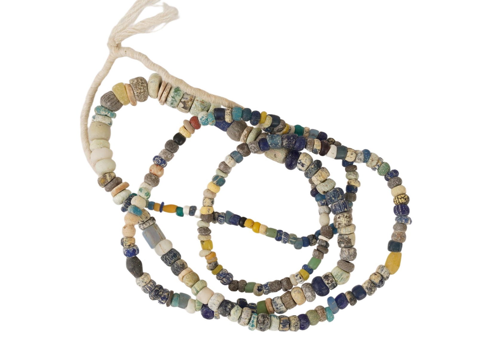 ANCIENT ROMAN GLASS BEADED NECKLACE 100 TO 300 AD: An ancient Roman necklace crafted from multicolored glass beads, dating from 100 to 300 AD. The necklace showcases a range of bead colors and shapes, reflecting the Roman eras intricate glasswork and