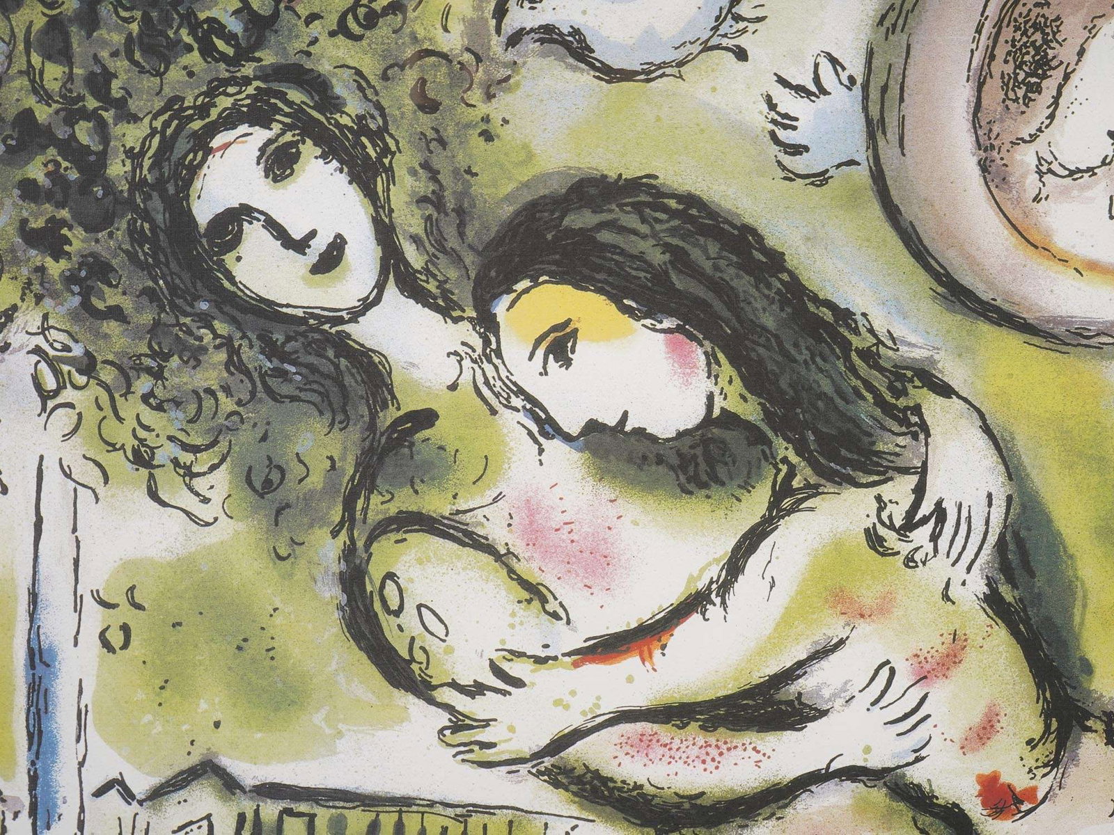 AFTER MARC CHAGALL RUSSIAN FRENCH COLOR LITHOGRAPH: After Marc Chagall, Russian, French, 1887 to 1985, a limited edition color offset lithograph on paper, Romeo and Julliet. Signed in pencil, lower right. Numbered in pencil, lower left, 291 of 500. Mat