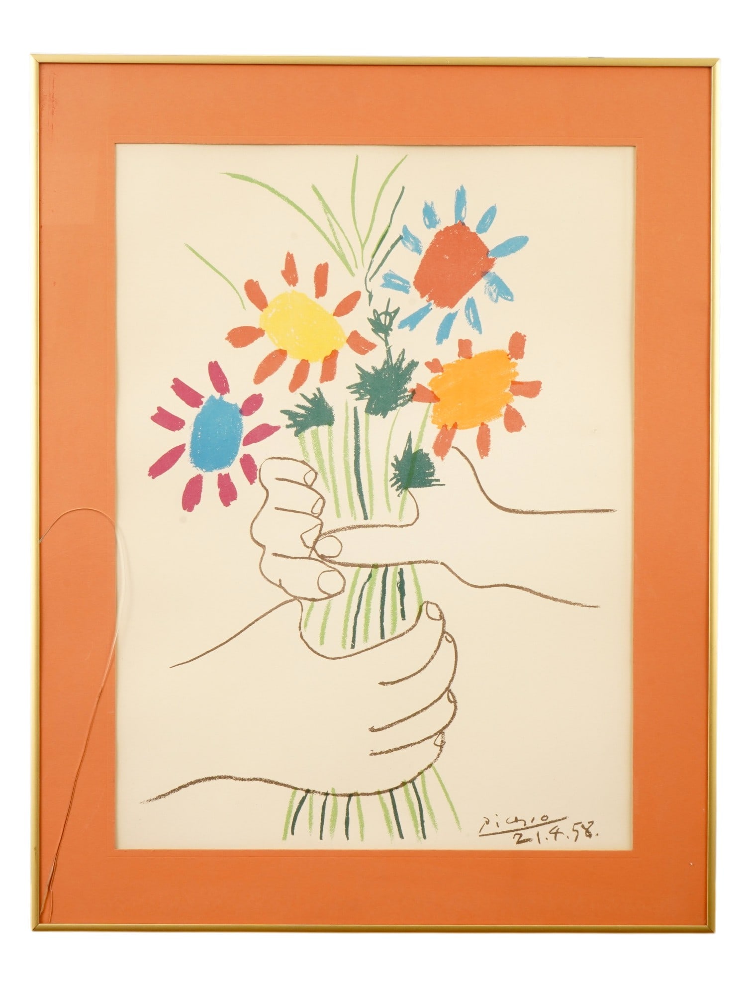 FLOWERS COLOR LITHOGRAPH AFTER PABLO PICASSO FRAMED: A color lithograph on paper, The Bouquet of Flowers, after the original artwork, 1958 by Pablo Picasso, Spanish, 1881 to 1973. Signed and dated in the print lower right. Framed. The Bouquet of Flowers