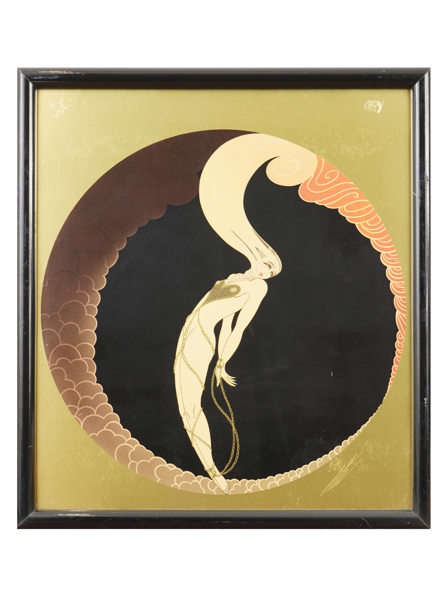 AFTER ROMAIN DE TIRTOFF ERTE LITHOGRAPH PRINT LAMOUR: After Romain de Tirtoff, also known as Erte, Russian, French, 1892 to 1990, a framed lithograph print, depicts a stylized female figure in an Art Deco composition titled LAmour. This piece is part of