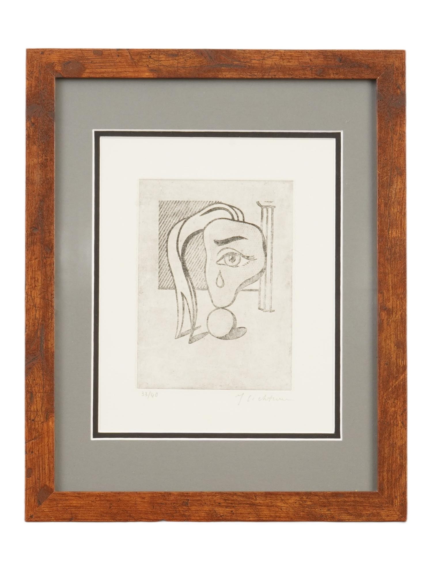 AFTER ROY LICHTENSTEIN AMERICAN LIMITED ED ETCHING: An American limited edition black and white etching on paper after Roy Lichtenstein, American, 1923 to 1997. The artwork is titled Girl with Tear I from the Surrealist Series. Signed in pencil, lower