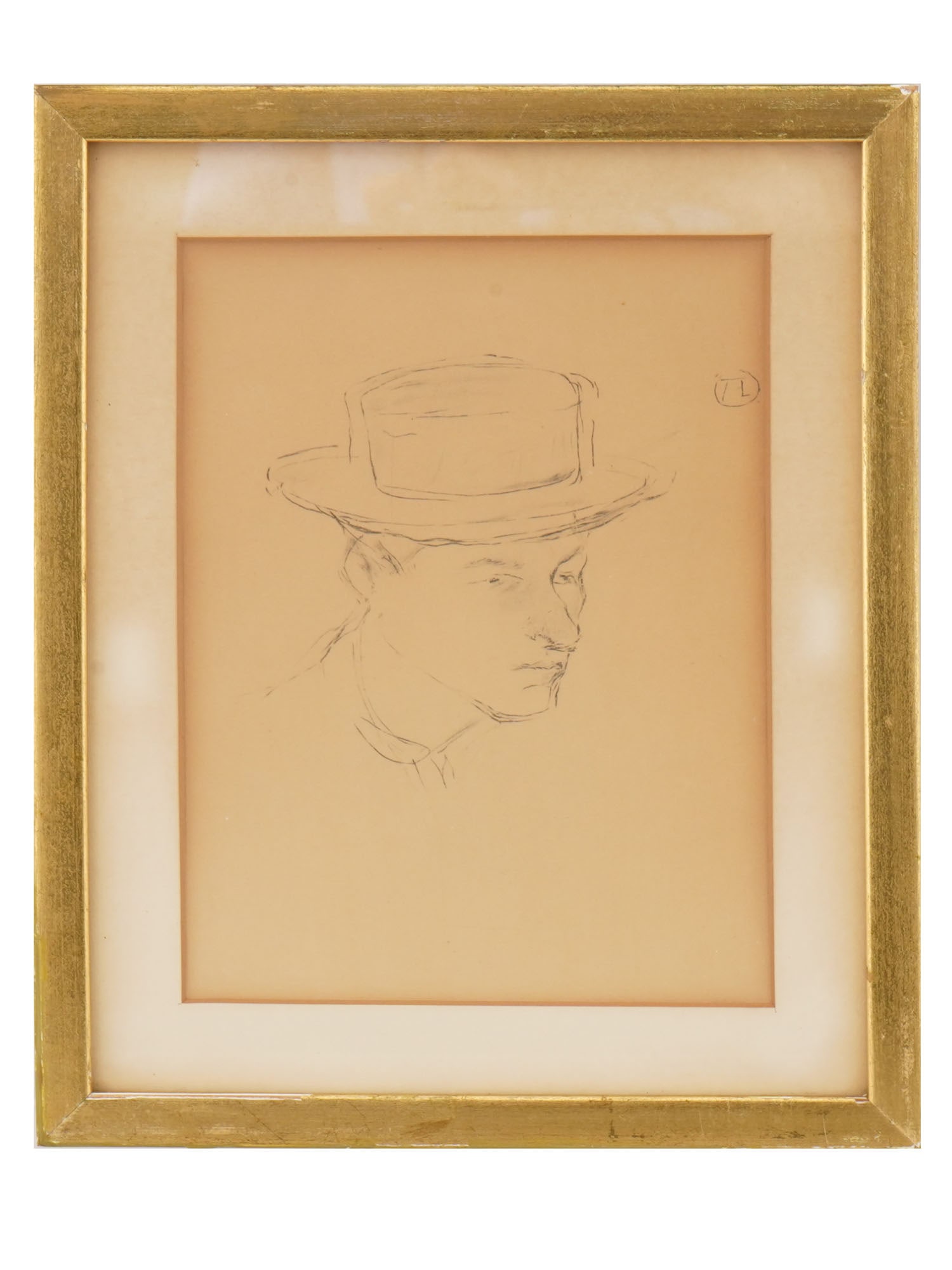 PENCIL PORTRAIT STUDY DRAWING SIGNED TL PAINTING: A pencil portrait study drawing on paper, signed T L for Toulouse-Lautrec. The composition corresponds to Monsieur Bougle en canotier, circa 1896), depicting the sitter in a boater hat with the artist