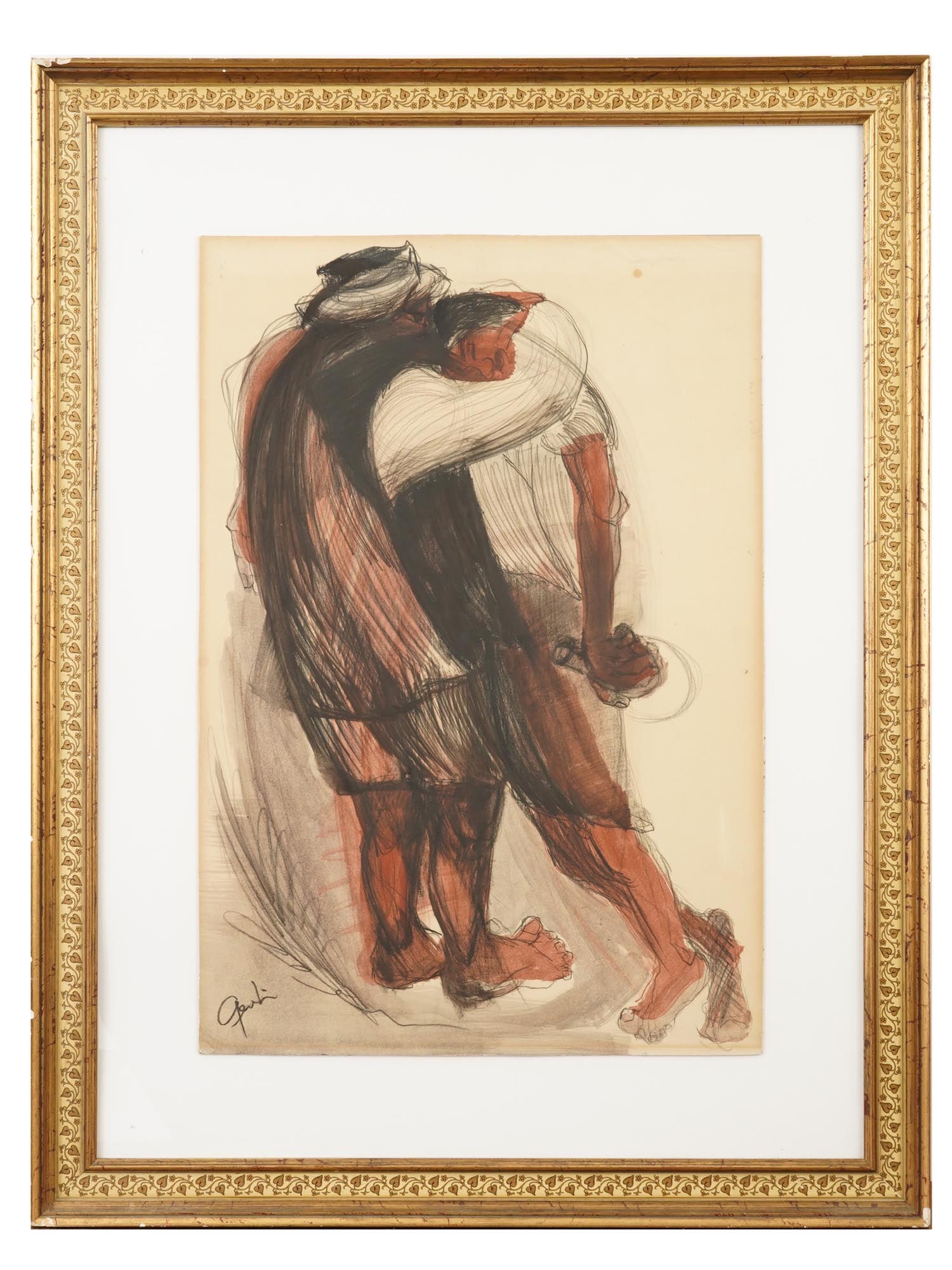 MID CENTURY MIXED MEDIA PAINTING TWO MEN EMBRACING: A mid-century mixed media painting on paper depicting two men embracing in an intimate and expressive composition. Signed in the lower left. Framed. Mid Century Painting And Art Collectibles. T