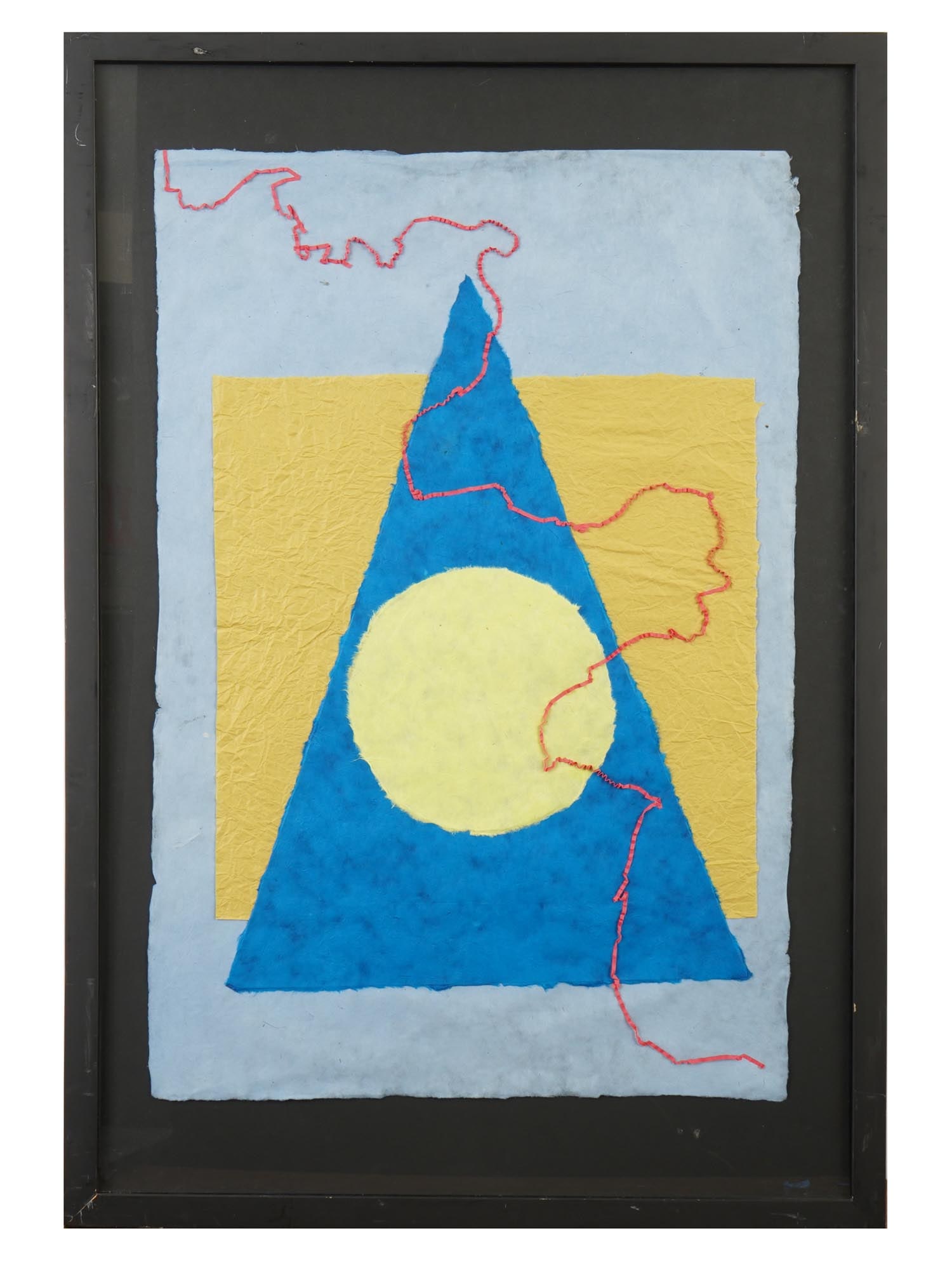 ABSTRACT COMPOSITION MIXED MEDIA PAINTING: An abstract composition mixed media painting features a central blue triangular form containing a pale yellow circular motif, set against a rectangular yellow field and light blue background. The work