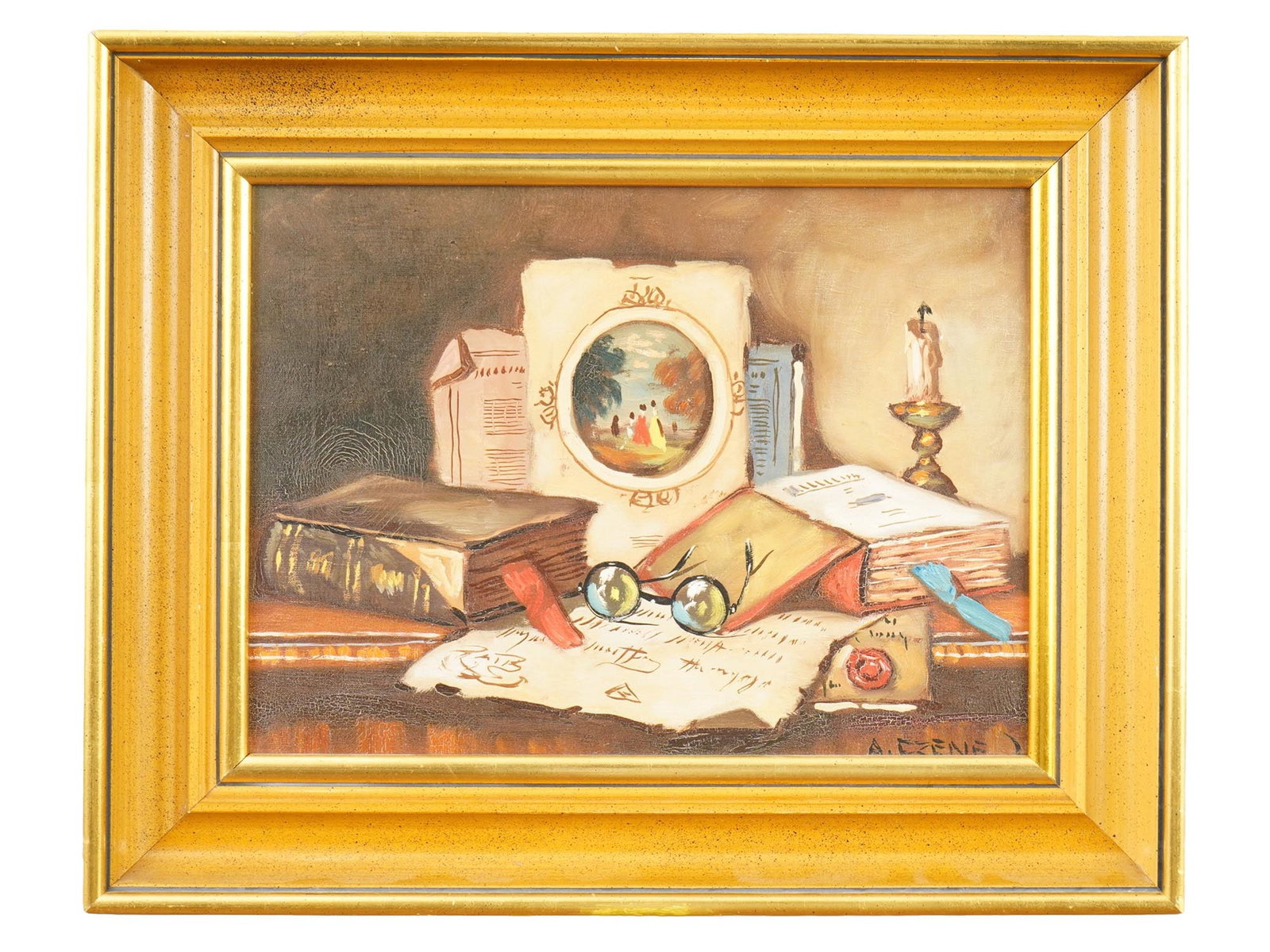 SIGNED JANOS APATFALVI CZENE OIL STILL LIFE PAINTING: A vintage oil on canvas still life painting. Signed Janos Apatfalvi Czene lower right. A Certificate of Authenticity of the oil painting with number 2988 from Quality Art Galleries is attached to the