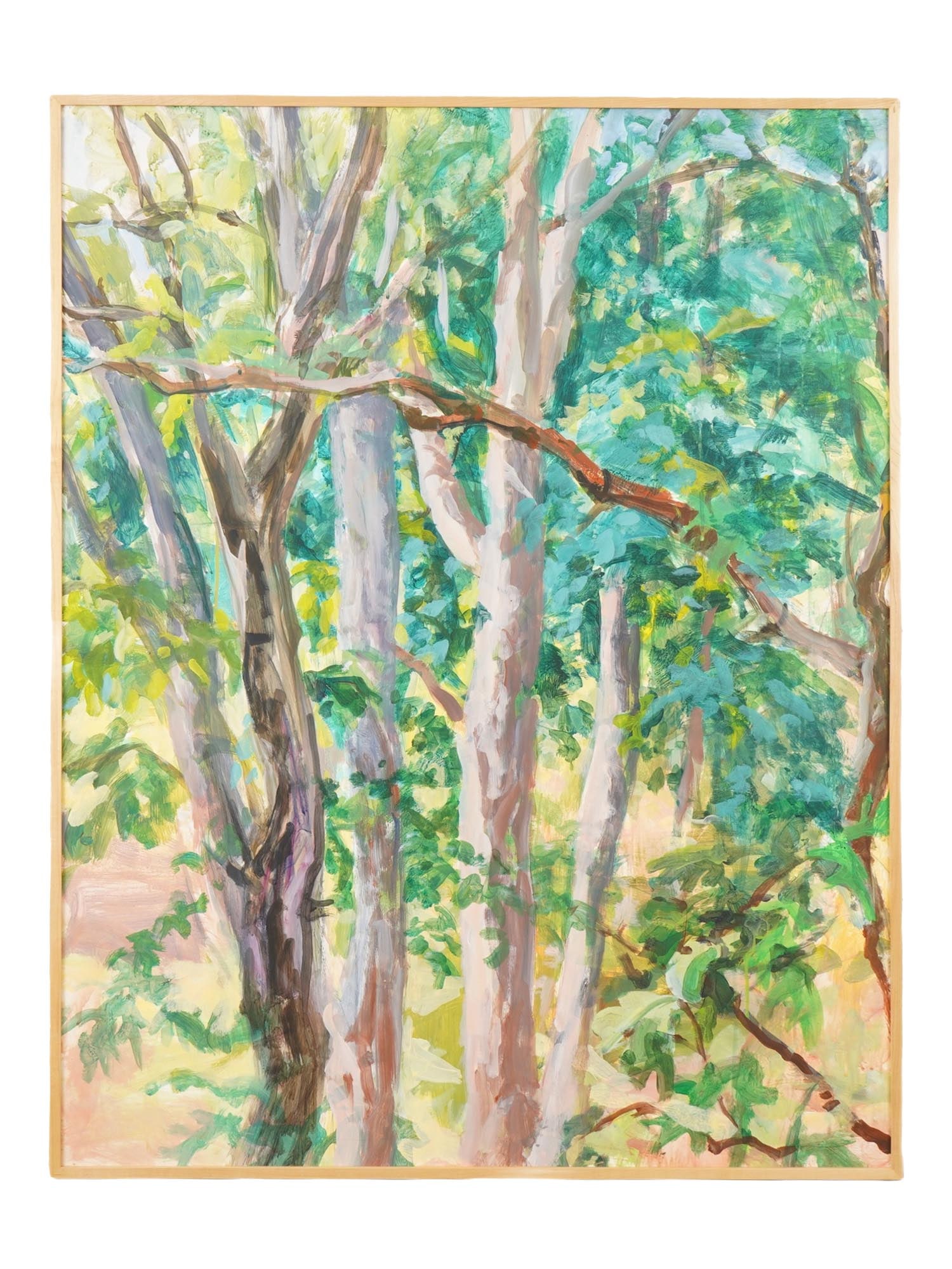 MODERNIST LANDSCAPE OIL PAINTING BY BETSY GOLDBERG: Betsy Goldberg, a Contemporary American artist, an oil painting on board depicting a forest landscape with trees. Framed. Betsy Goldberg is an independent contemporary artist based in New York City wh