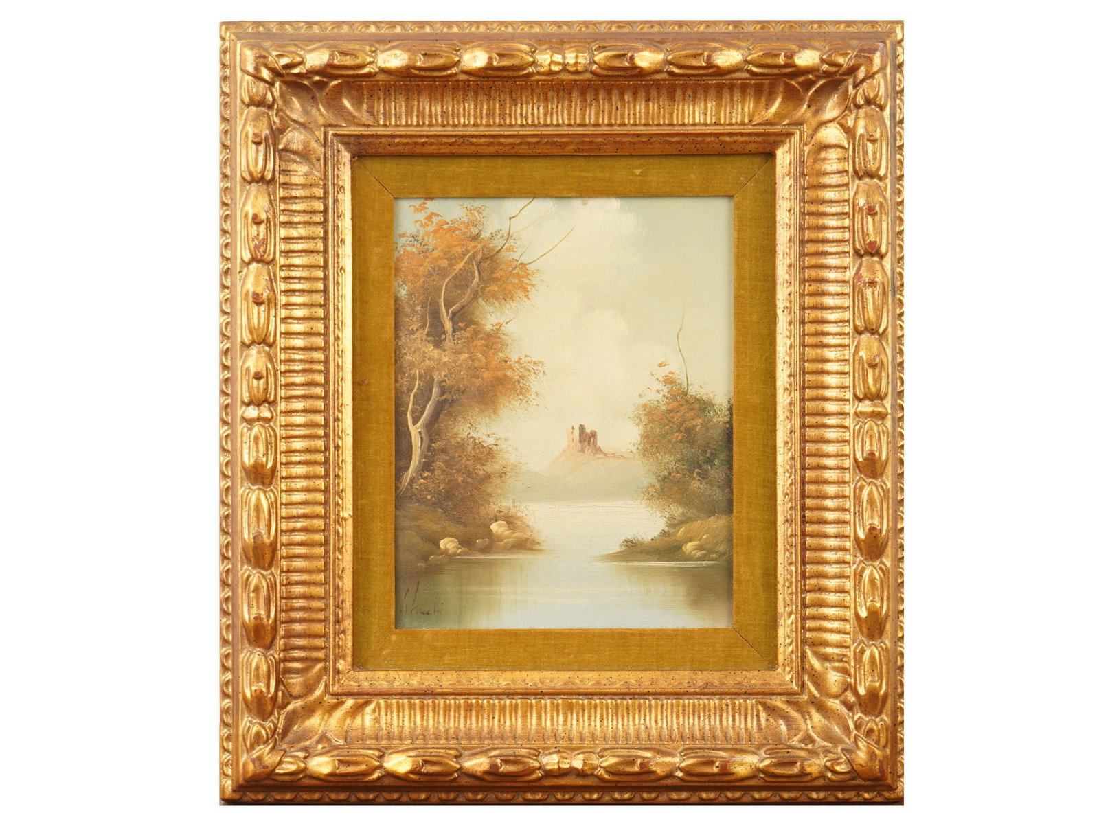 ANTIQUE OIL PAINTING ROMANTIC LANDSCAPE: An antique oil painting on canvas depicting a 19th-century Romantic landscape, likely of the Continental or British school, featuring a tranquil lake or river scene with autumnal trees and distant cas