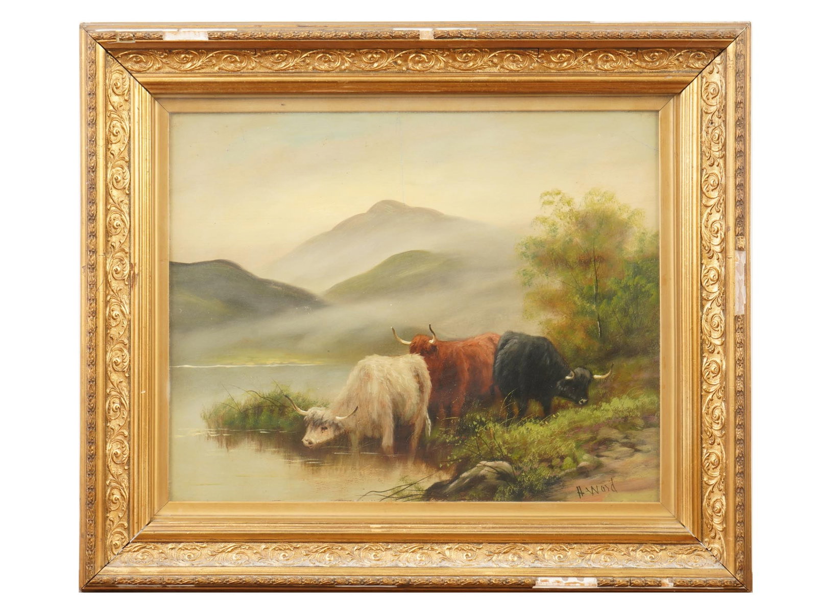 PASTORAL LANDSCAPE OIL PAINTING SIGNED BY ARTIST: An oil painting on board depicting a scene with bulls in a pastoral landscape. Signed by the artist, H. Word, lower right. Framed. Antique and Vintage Fine Art, Landscape and Genre Scene Oil Paintings