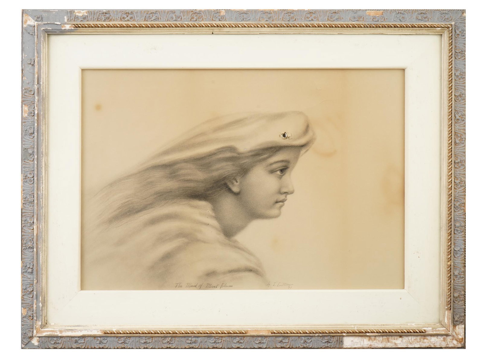 EUROPEAN SCHOOL FEMALE PORTRAIT SIGNED BY MARR: A European School pencil painting on paper, The Maid of Mont Blanc, after the original engraving. Signed by the artist, T. E. Marr, and probably dated 41 or 91, lower right. Titled lower to the center