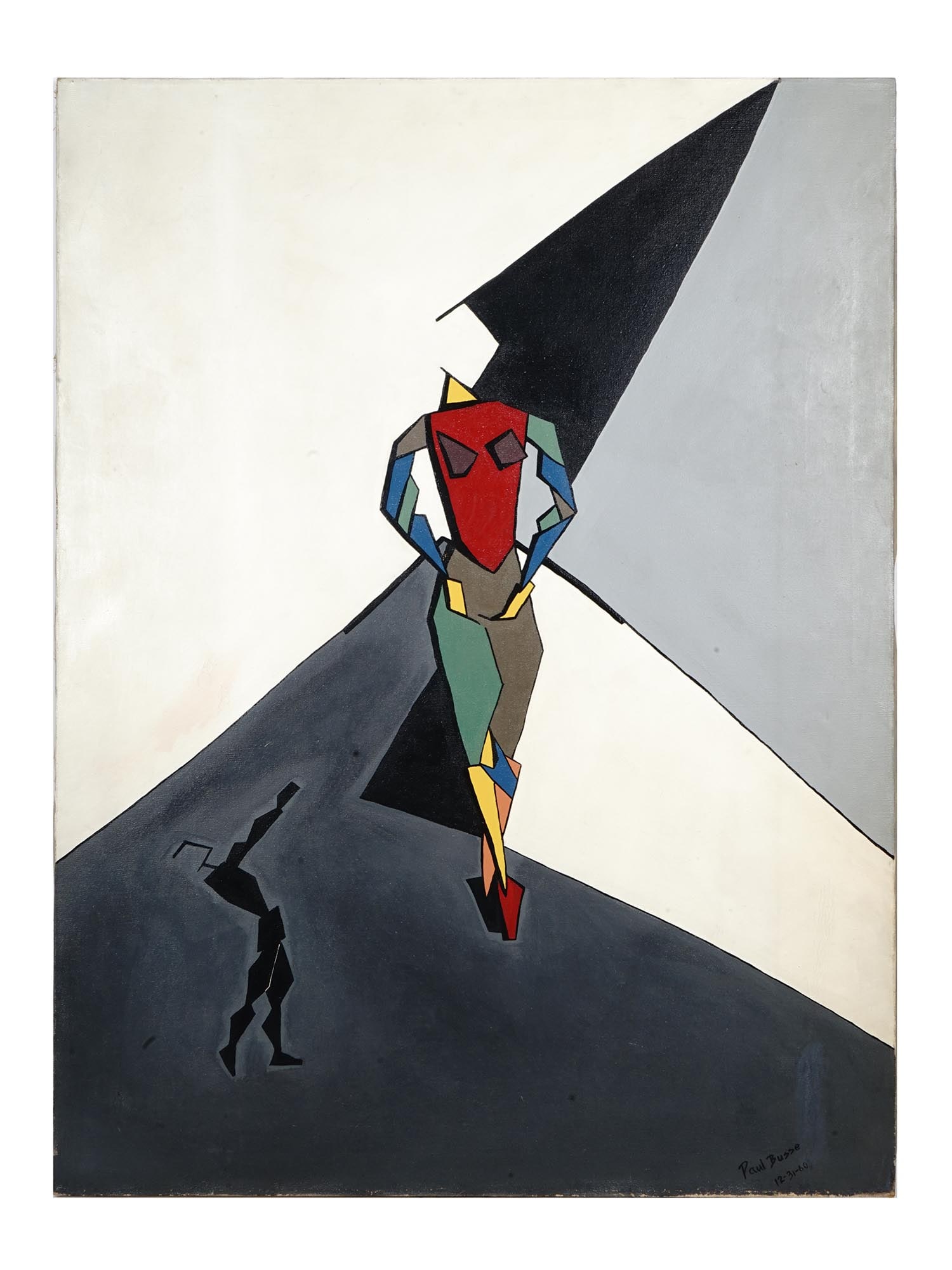 MID CENTURY ABSTRACT PAINTING SIGNED PAUL BUSSE: Oil on canvas painting depicting an abstract composition with geometrical human figures. Signed Paul Busse and dated December 31, 1960 in the lower right. Collectible Abstract Art For Interior Design.