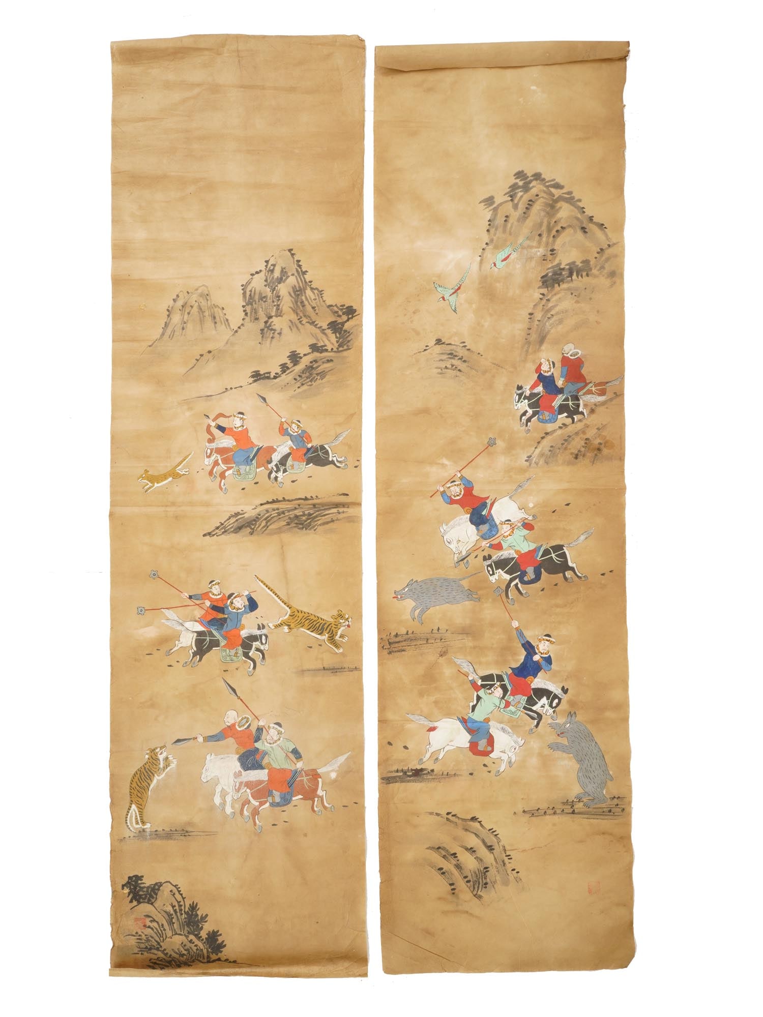 ANTIQUE KOREAN JOSEON HUNTING SCENE SCROLLS PAINTINGS: A lot of two antique Korean Horyeopdo or Hunting Scene scrolls from the late Joseon Dynasty, ca. 18th to 19th century made likely by a painter from the Royal Court. Executed on the finest Jang Ji pape