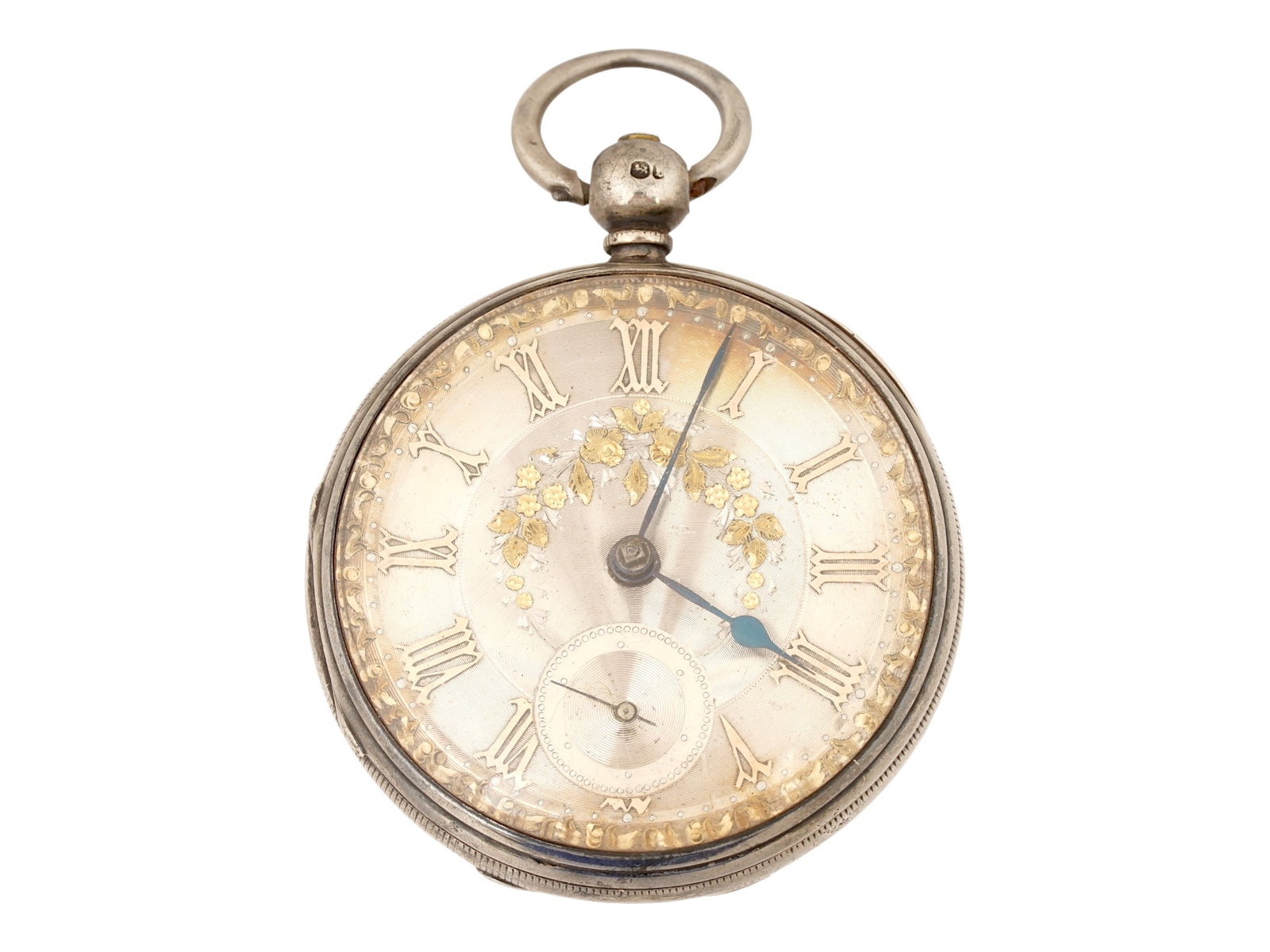 ANTIQUE ENGLISH VICTORIAN STERLING SILVER POCKET WATCH: An antique English Victorian sterling silver pocket watch. Circa the 19th century. A sterling silver full-hunter or open-face style case with engine-turned engraving on the back. A decorative dial fea