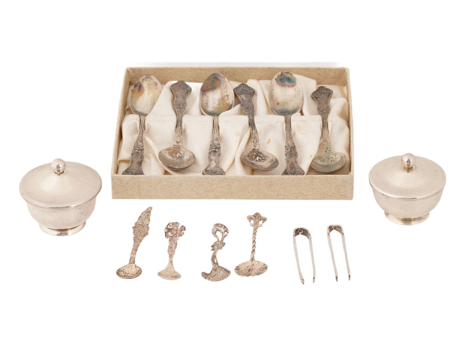 ANTIQUE WEBSTER STERLING SILVER CUTLERY AND BOWLS: A lot of early to mid-20th century sterling silver cutlery and tableware. A total of 14 items. A set of 6 dessert spoons, marked Pat. Sterling on the handles, in a fitted Simpson, Hall, Miller and Co.