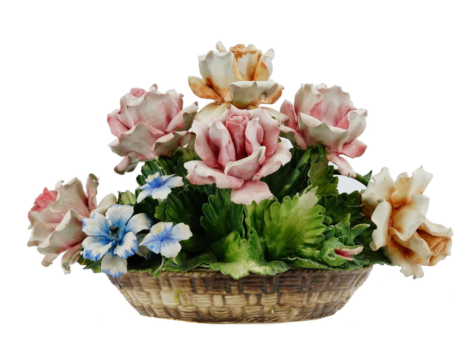 VINTAGE PORCELAIN CAPODIMONTE FLORAL BASKET CENTERPIECE: A vintage porcelain hand-painted floral basket centerpiece by Capodimonte, crafted in Italy circa 1940s to 1970s. Features a detailed arrangement of hand-modeled flowers, including roses in shades of