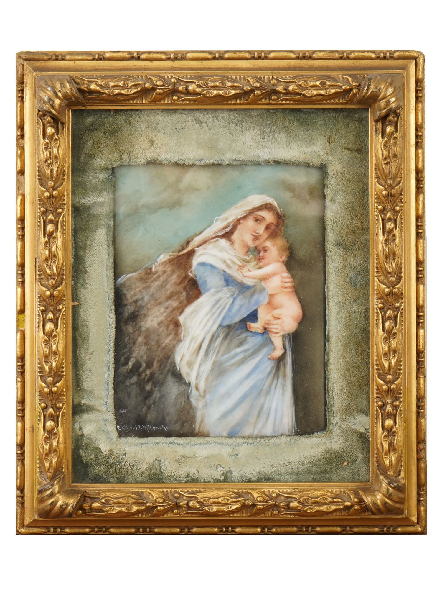 MADONNA AND CHILD BY ESTHER MCCRACKEN PORCELAIN PLAQUE: A hand-painted porcelain painting plaque of the Madonna and Child by Esther M. McCracken, a skilled artist active in the late 19th to early 20th century known for porcelain miniatures. The image is