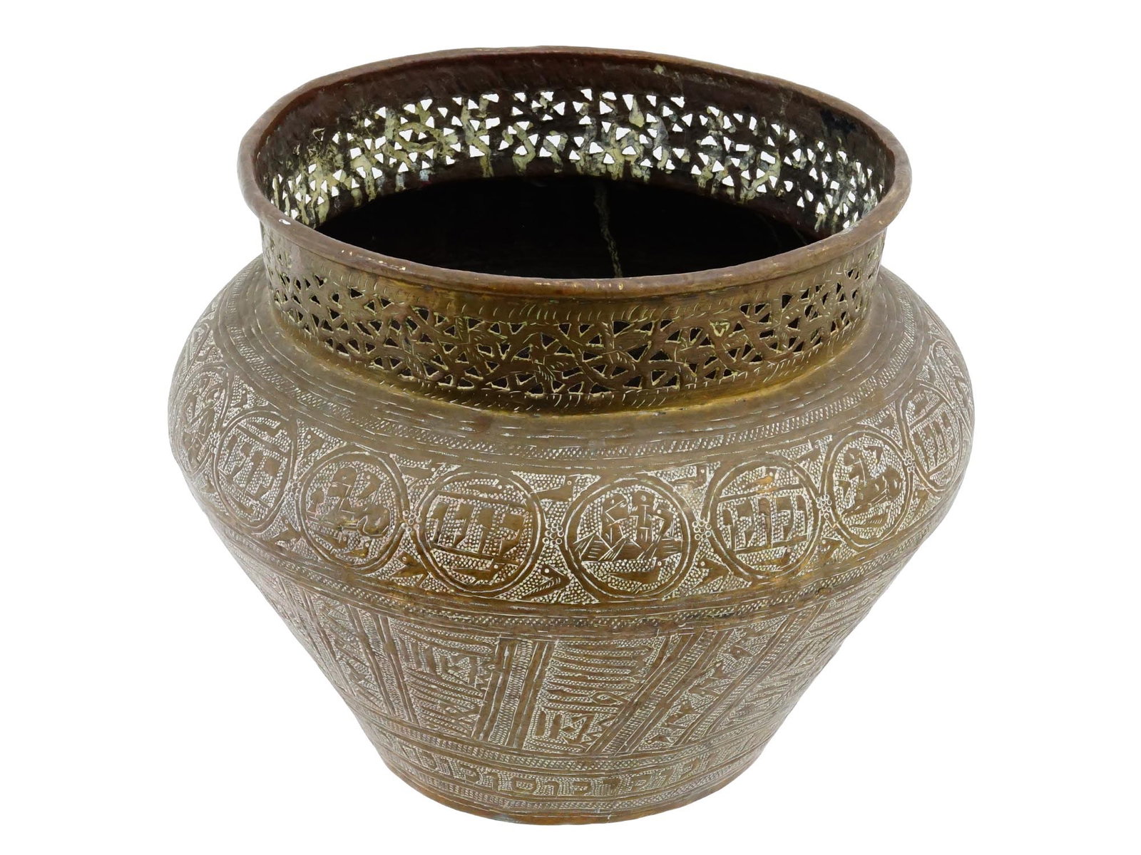 ANTIQUE MIDDLE EASTERN JUDAICA ENGRAVED BRASS PLANTER (1 of 8)