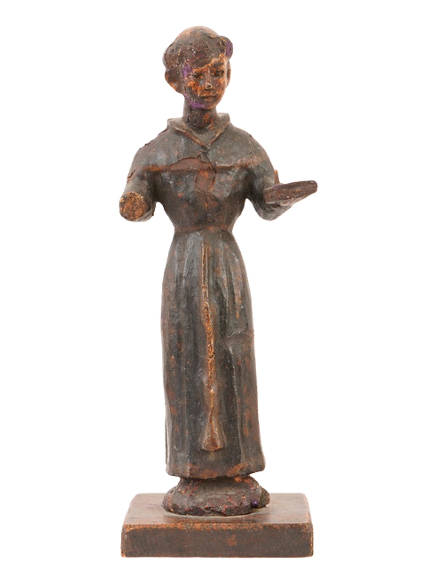 ANTIQUE EUROPEAN WOODEN ST ANTHONY OF PADUA SCULPTURE: An antique 19th century European Catholic carved wood Saint Anthony of Padua sculpture. The sculpture depicts Saint Anthony of Padua in traditional Franciscan attire, featuring a tonsured head and a