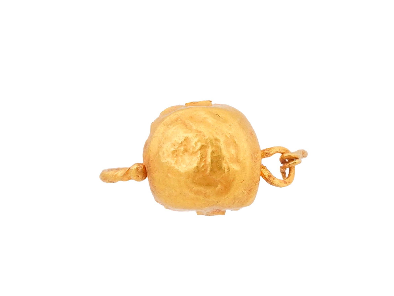 100 TO 300 AD ANCIENT ROMAN GOLD HOOP EARRING: An ancient Roman Gold hoop earring. Circa 100 to 300 AD. This piece is made of a hoop base featuring a twisted design and adorned with a figural bowl shaped element, probably could be used in everyday