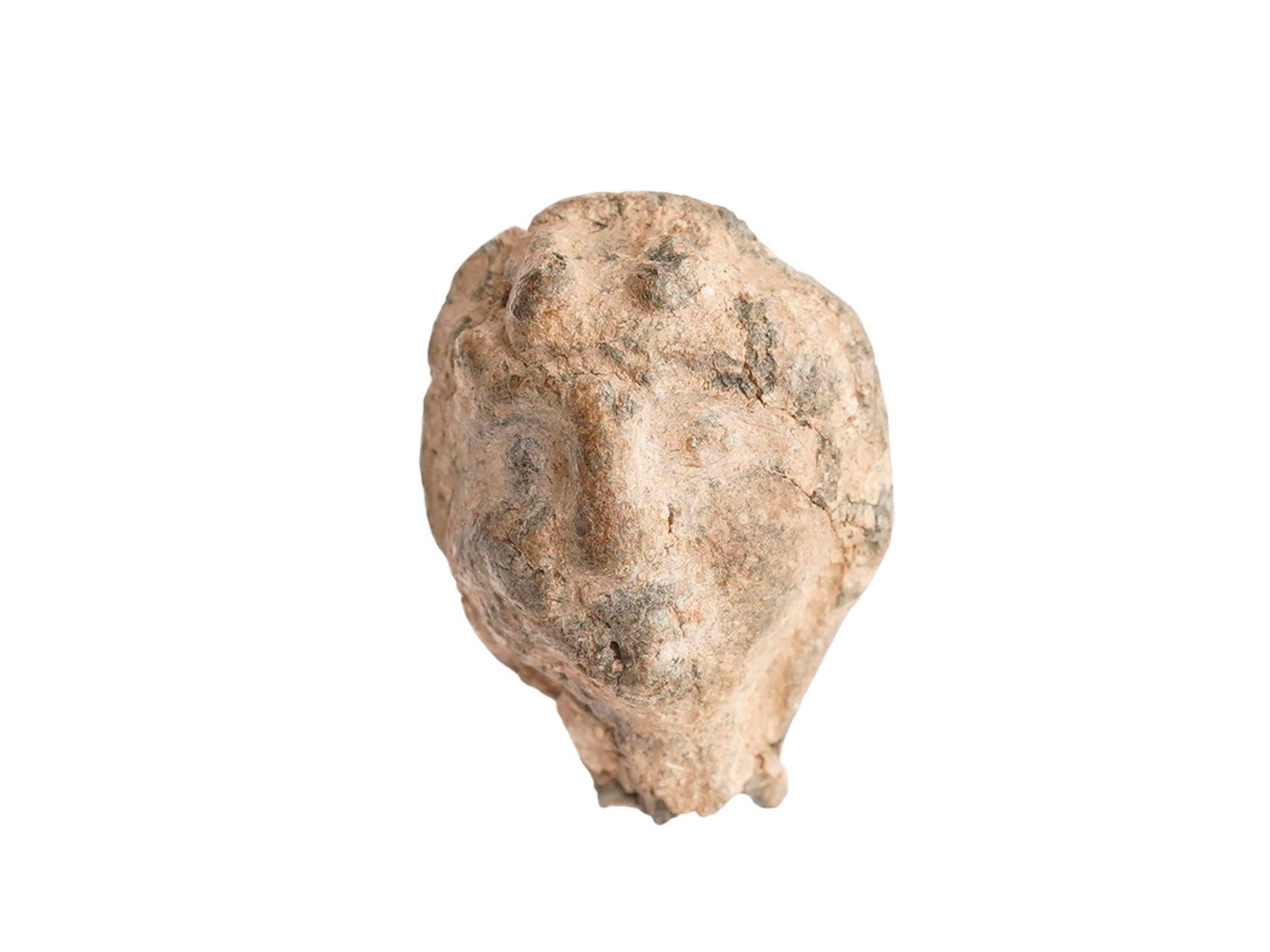 ANCIENT ROMAN APHRODITE LEAD VOTIVE HEAD 100 TO 300 AD: An ancient Roman lead votive head, circa 100 to 300 AD, depicts the goddess Aphrodite with stylized facial features and characteristic wavy hair. Recovered from the Holy Land region, the piece exempli
