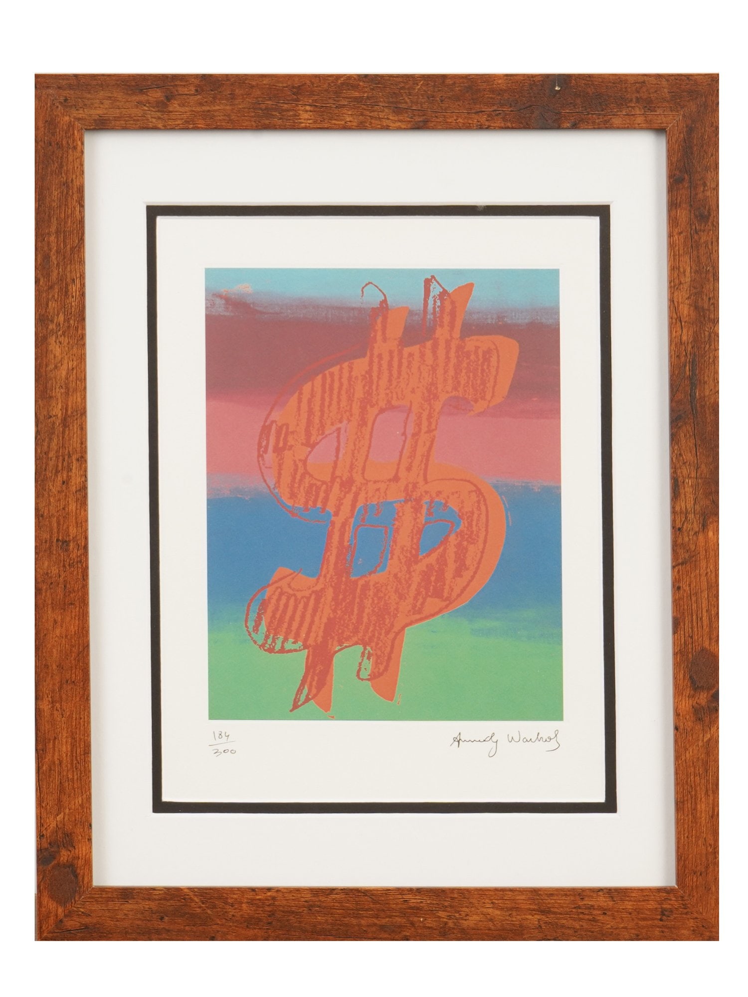 LITHOGRAPH SIGNED ANDY WARHOL THE DOLLAR SIGN SERIES: A lithograph from the Dollar Sign series signed Andy Warhol. Unlike his earlier monochromatic dollar imagery, these works feature hand-drawn symbols rendered in vibrant, layered colors with a